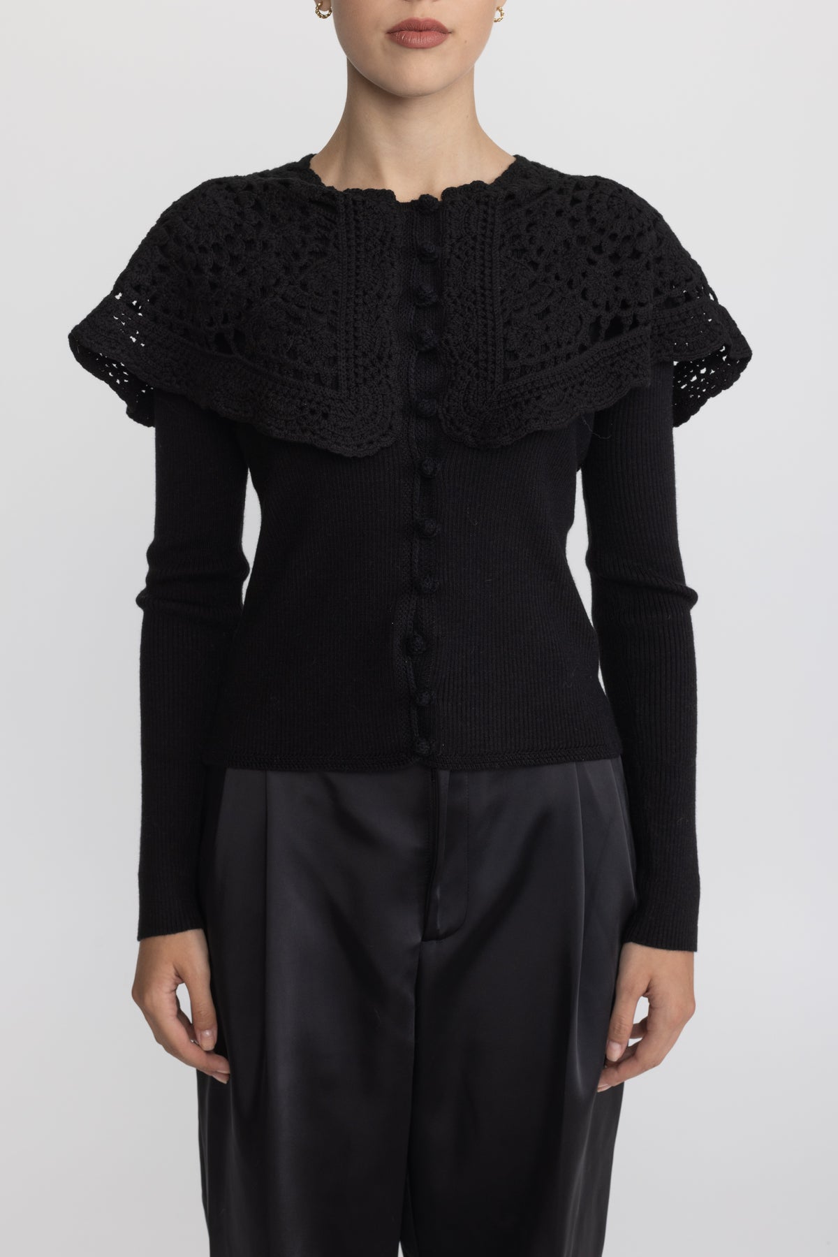 Crochet Capelet Collar Rib Knit Cardigan - Black