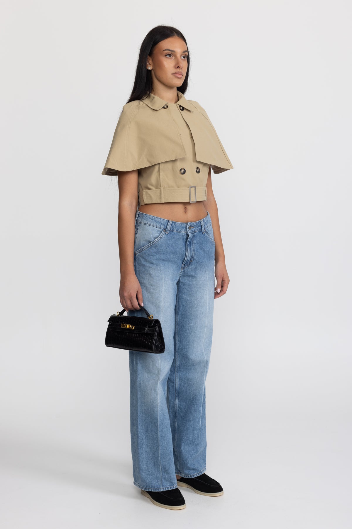 Cropped Trench Cape Top with Belt - Khaki