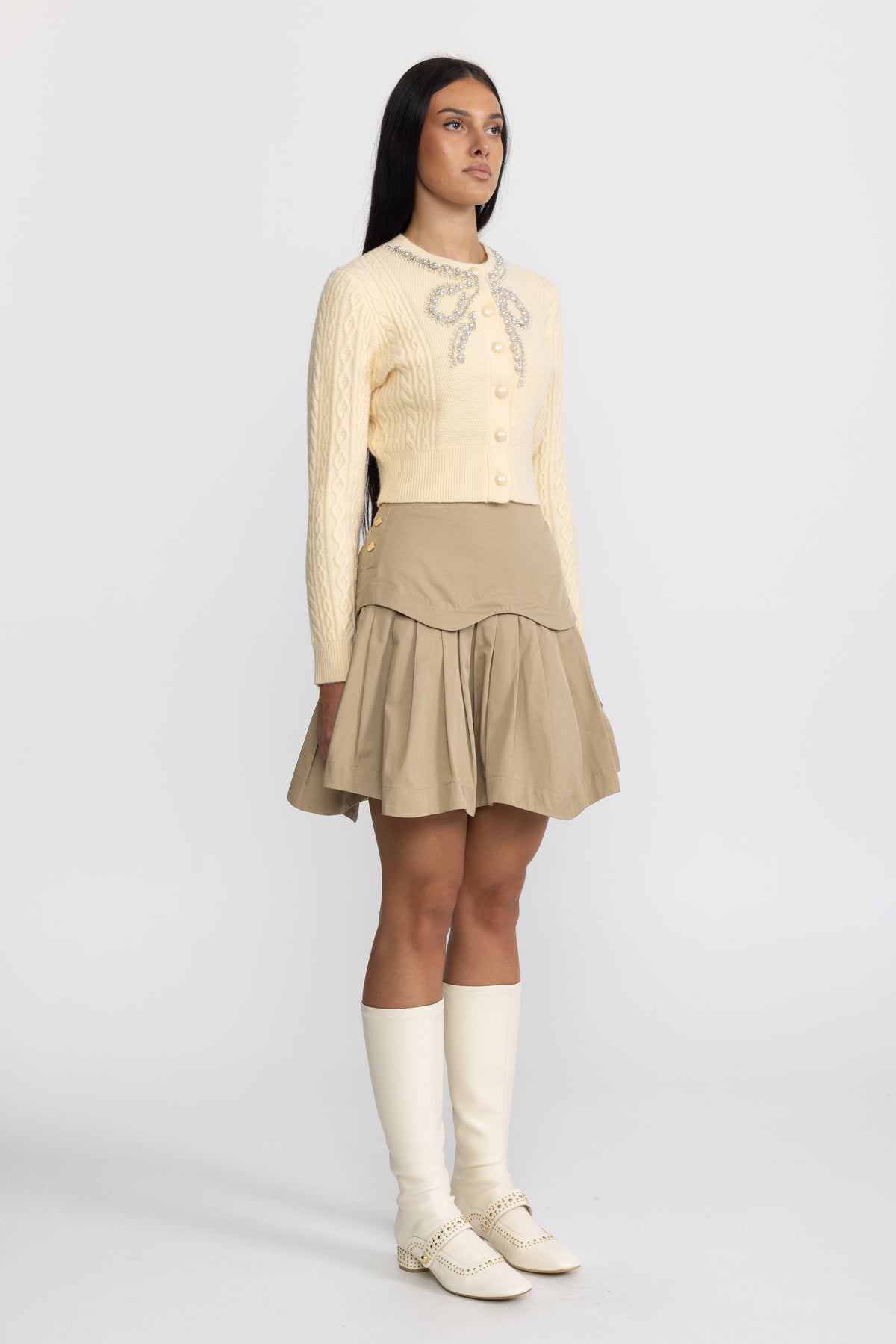 Pearl Bow Embellished Cable Knit Cardigan - Yellow