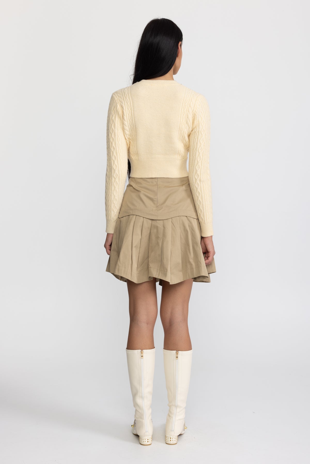 Pearl Bow Embellished Cable Knit Cardigan - Yellow