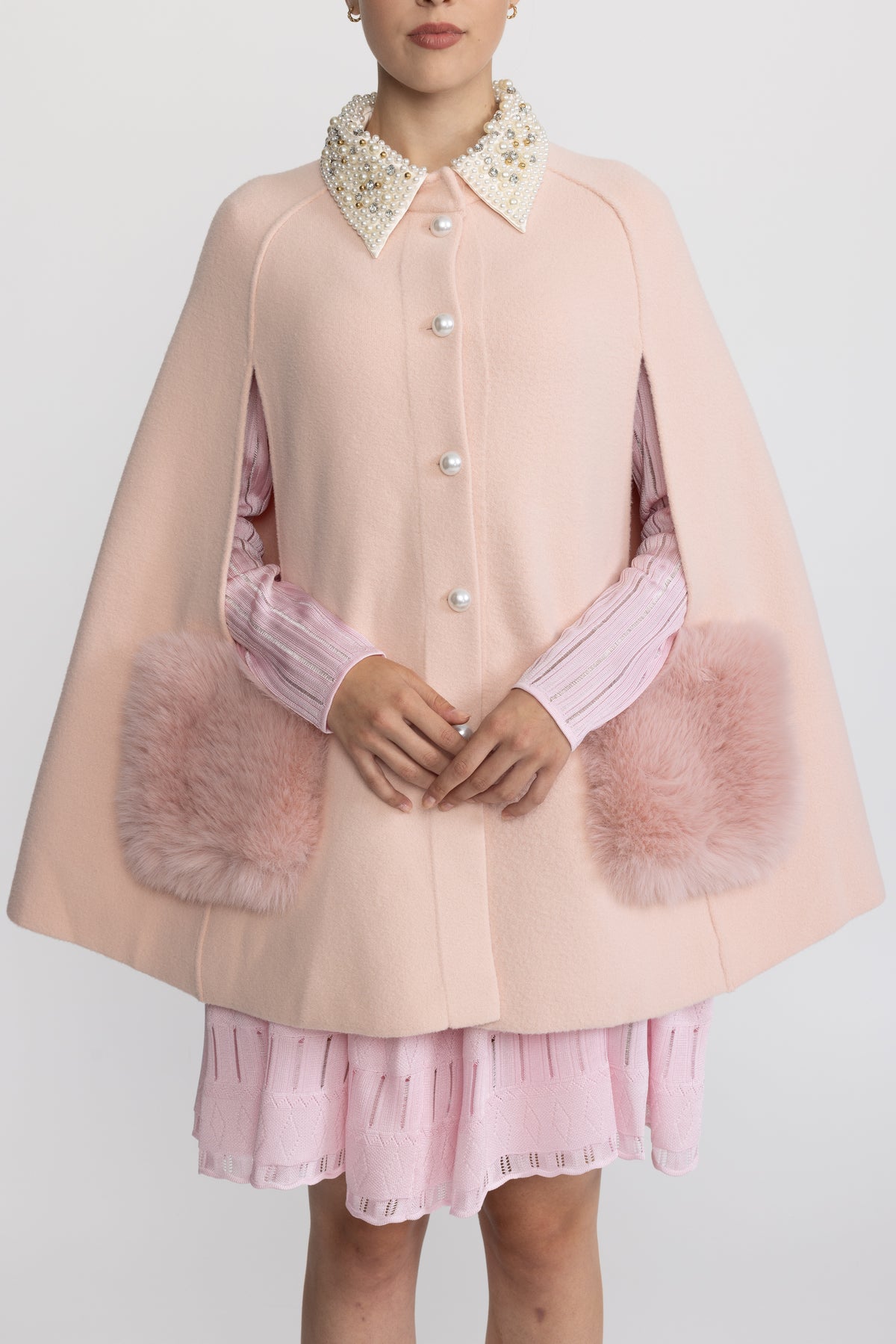 Pearl Embellished Collar Cape with Faux Fur Pockets - Pink