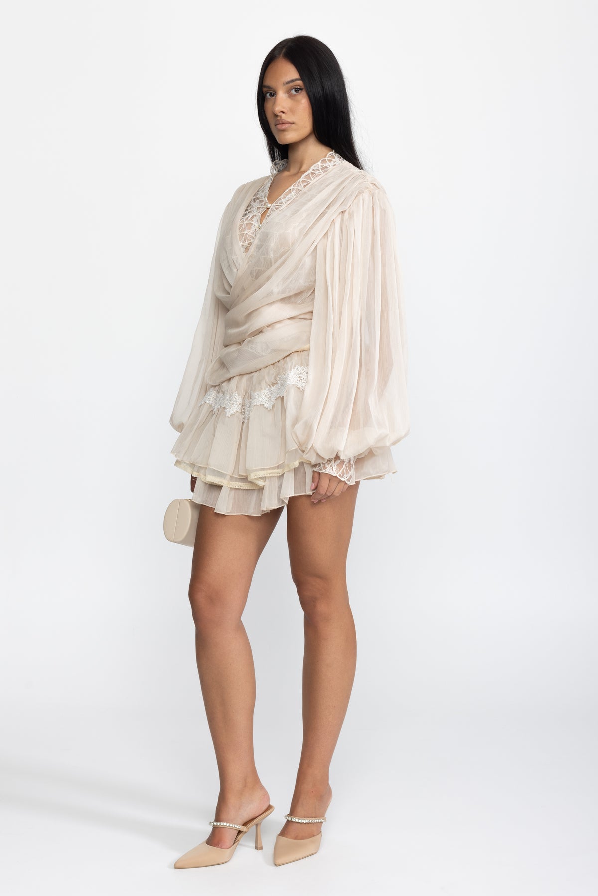 Lace Inset Chiffon Wrap Blouse and Ruffle Mini Skirt Co-ord Set - Beige