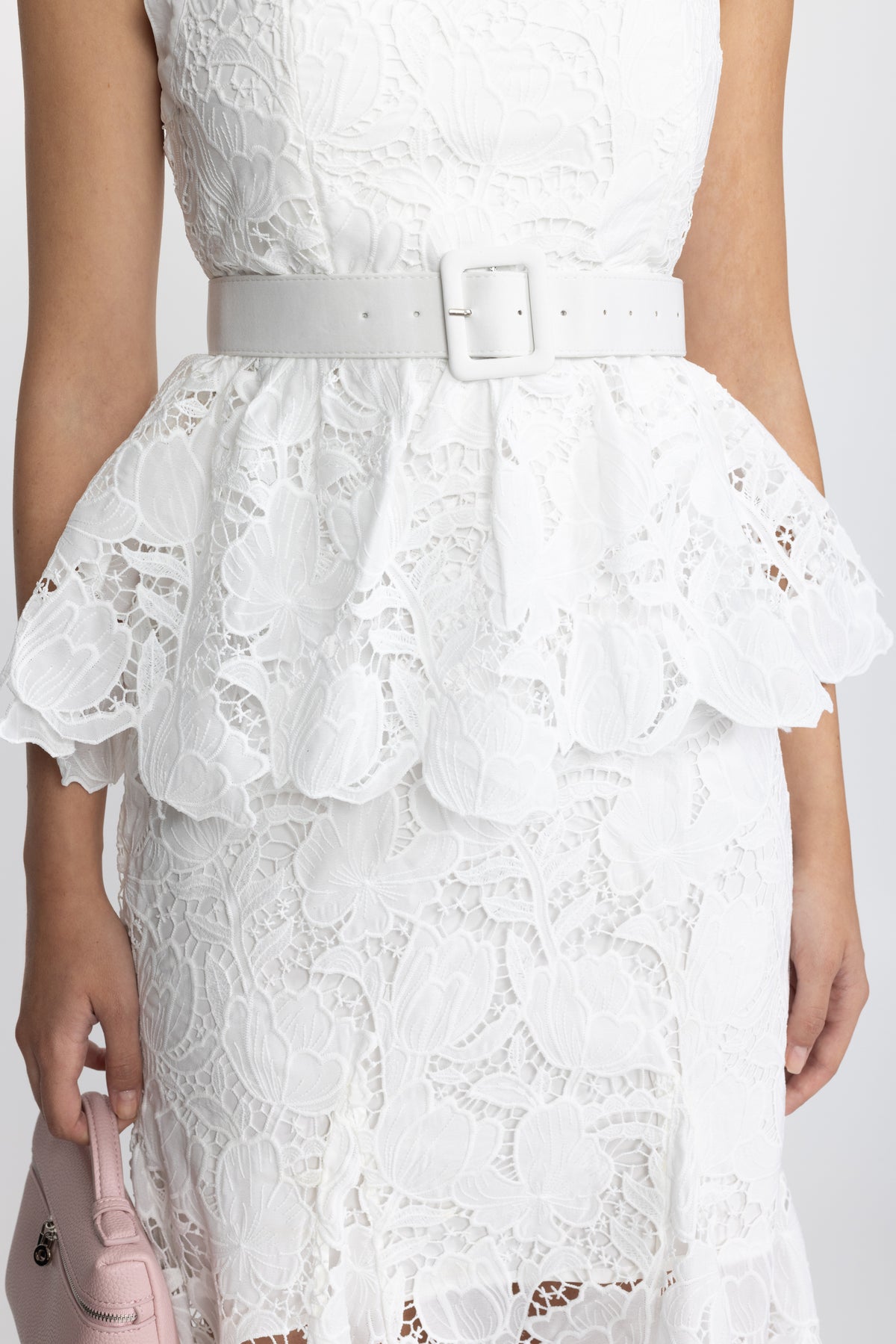 Guipure Lace Peplum Midi Dress - White