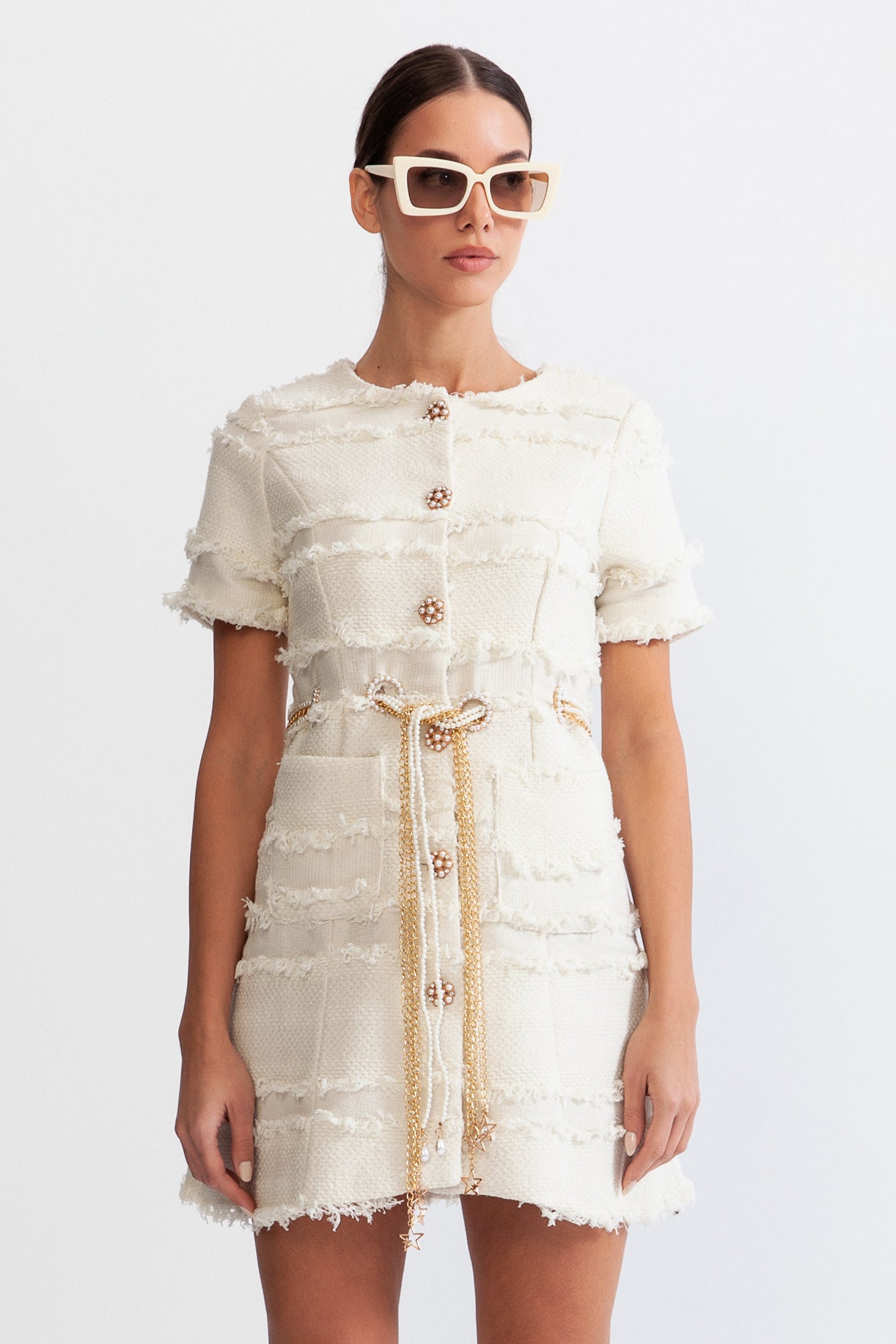 فستان تويد بسلسلة لؤلؤية - بيج