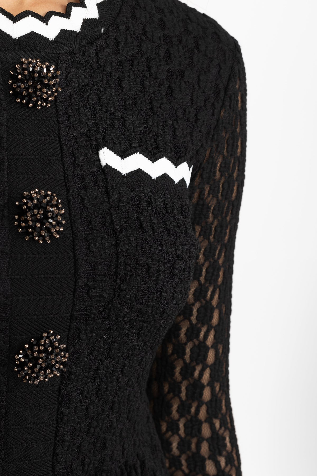 Crochet Knit Peplum Midi Dress with Ric-Rac Trim - Black