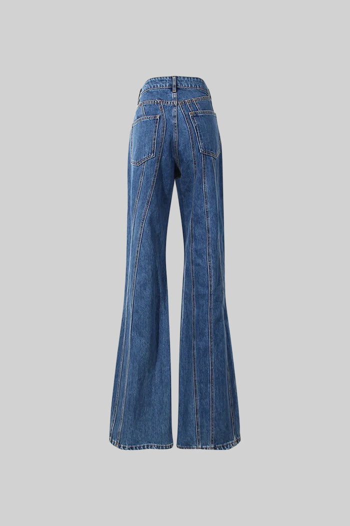 Wide Leg Jeans with Stitched Design - Blue
