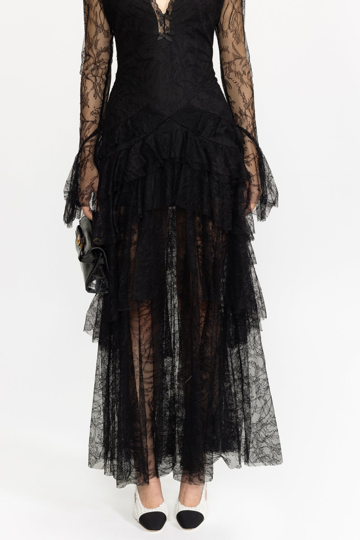 Chantilly Lace Tiered Maxi Dress - Black