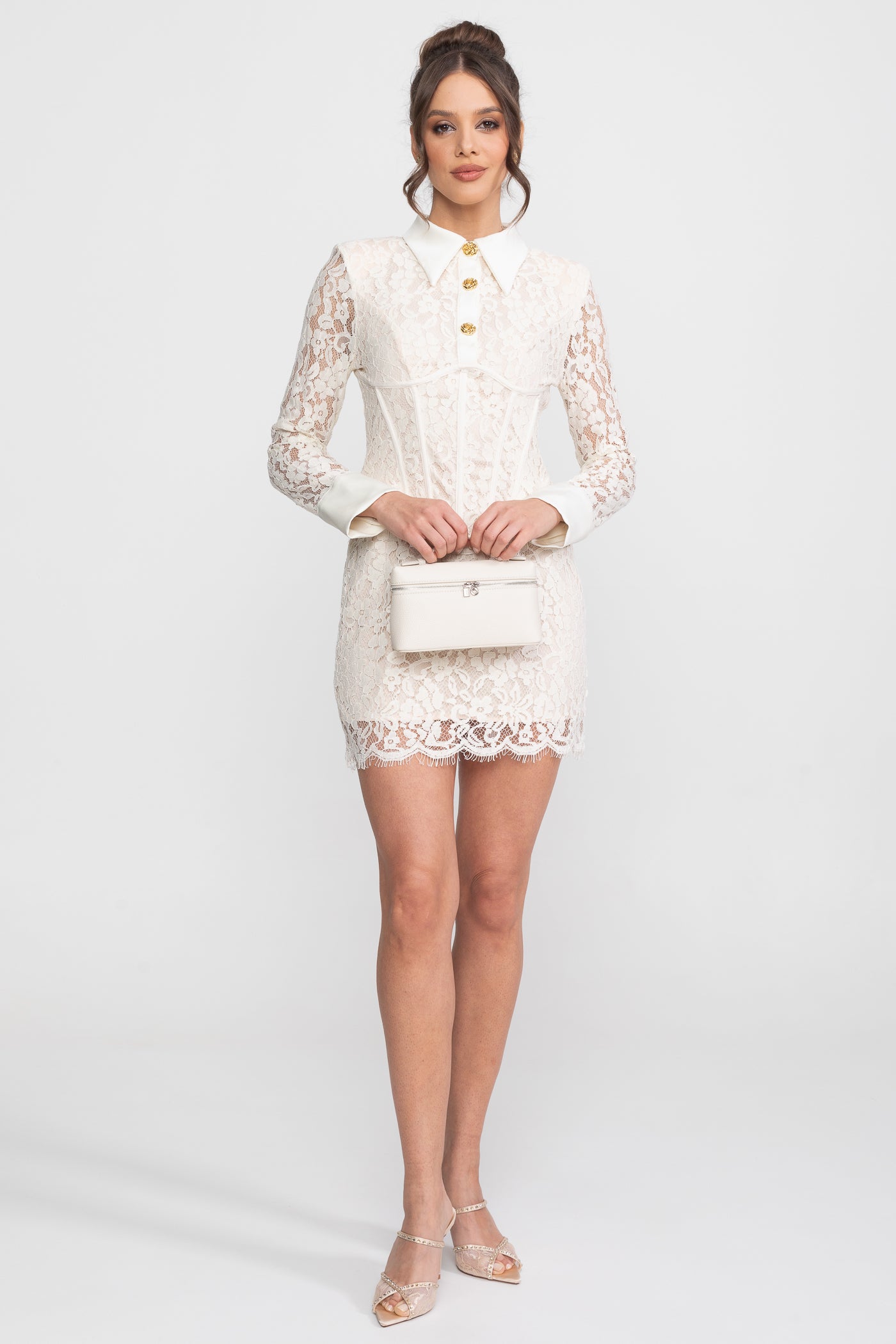 Long Sleeved Lace Mini Dress With Scallop Hem - Ivoire