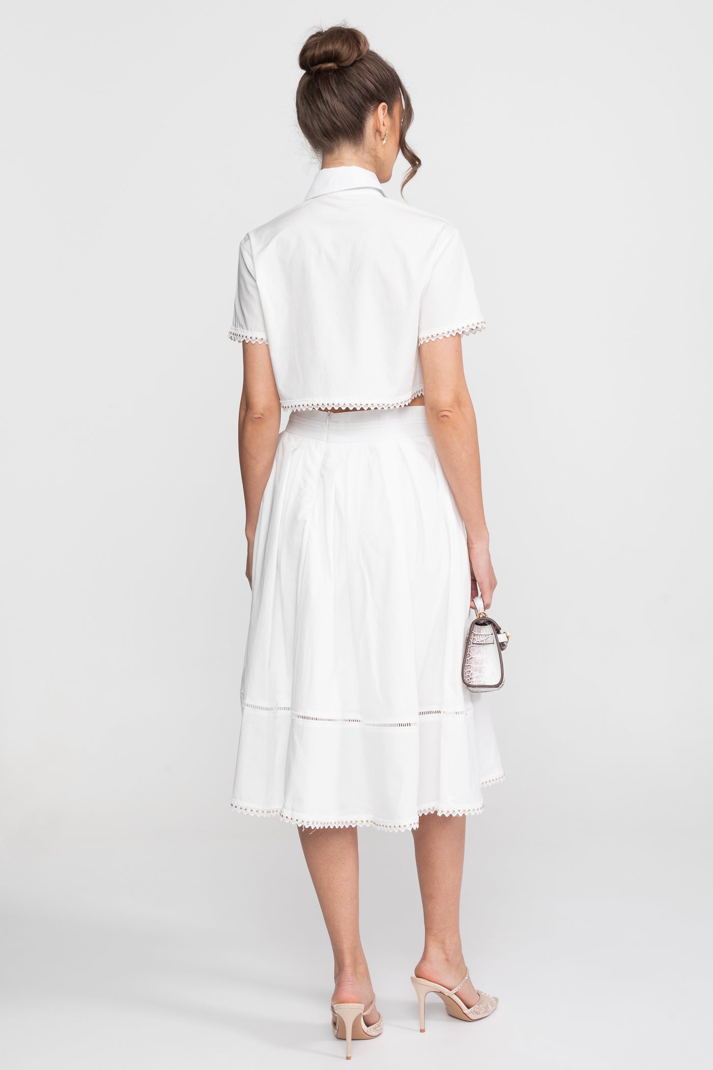 Broderie-Trim Cropped Shirt And Midi Skirt Co-Ord Set - White