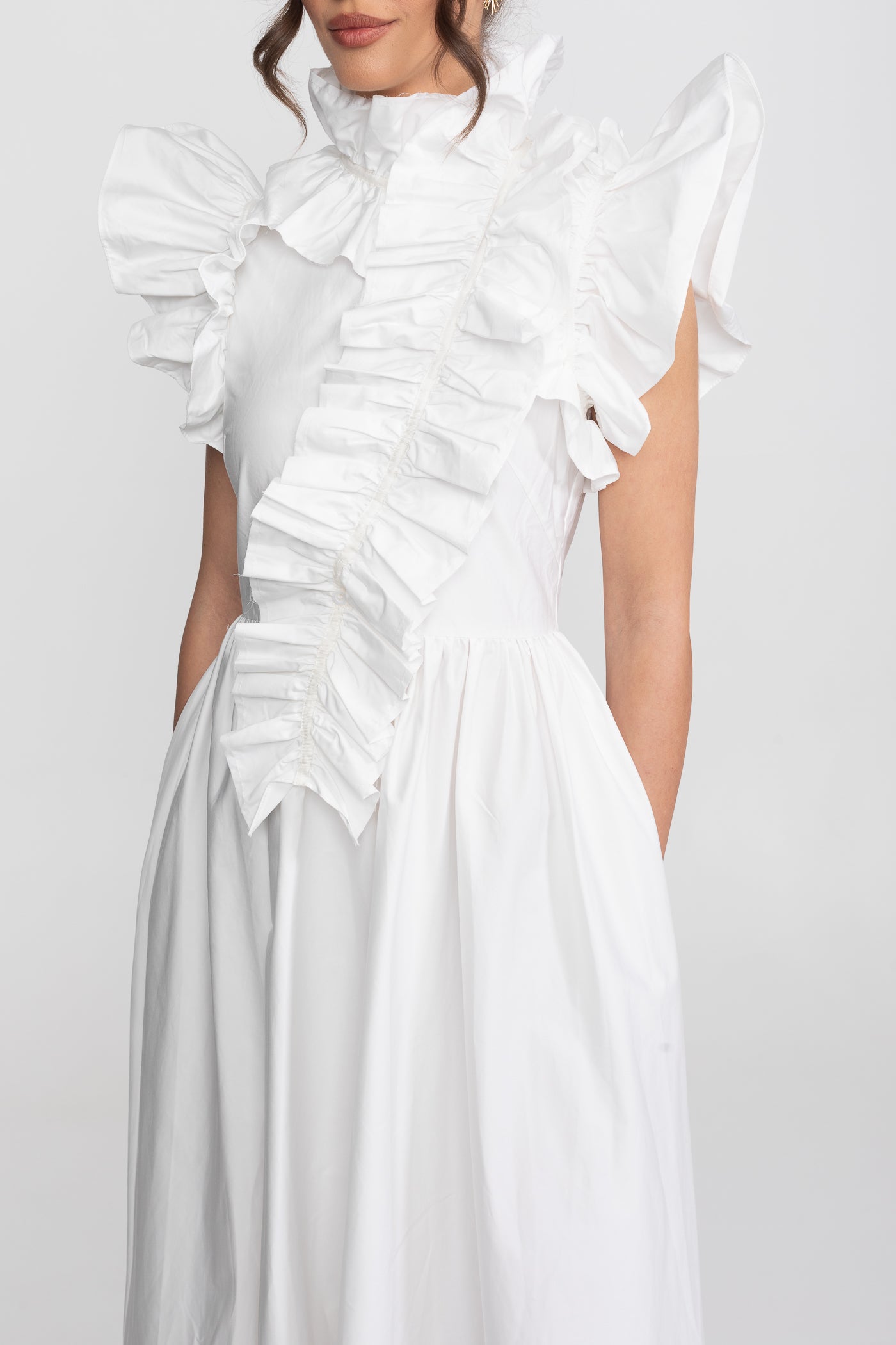 High-Neck Maxi Dress With Dramatic Ruffle Bib Front - White