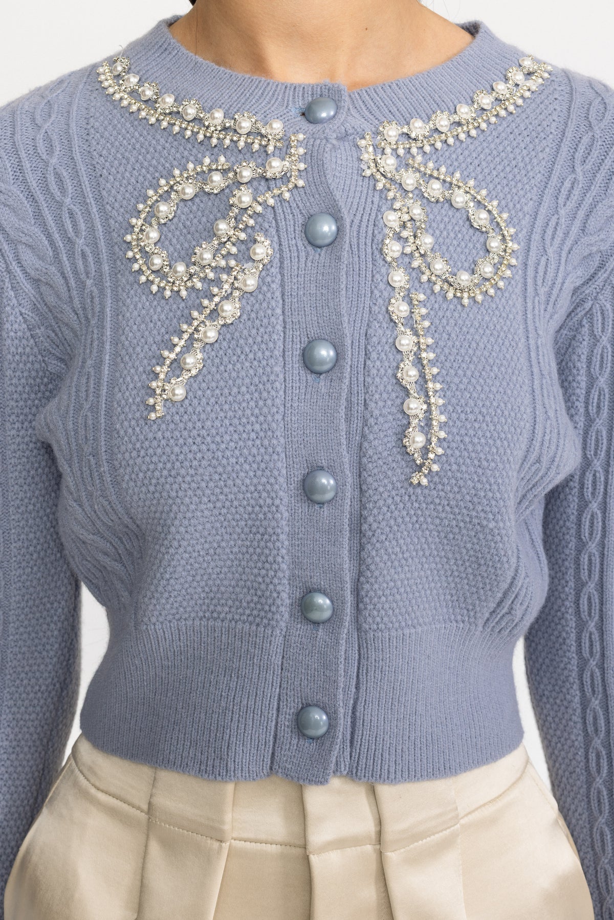 Pearl Bow Embellished Cable Knit Cardigan - Blue