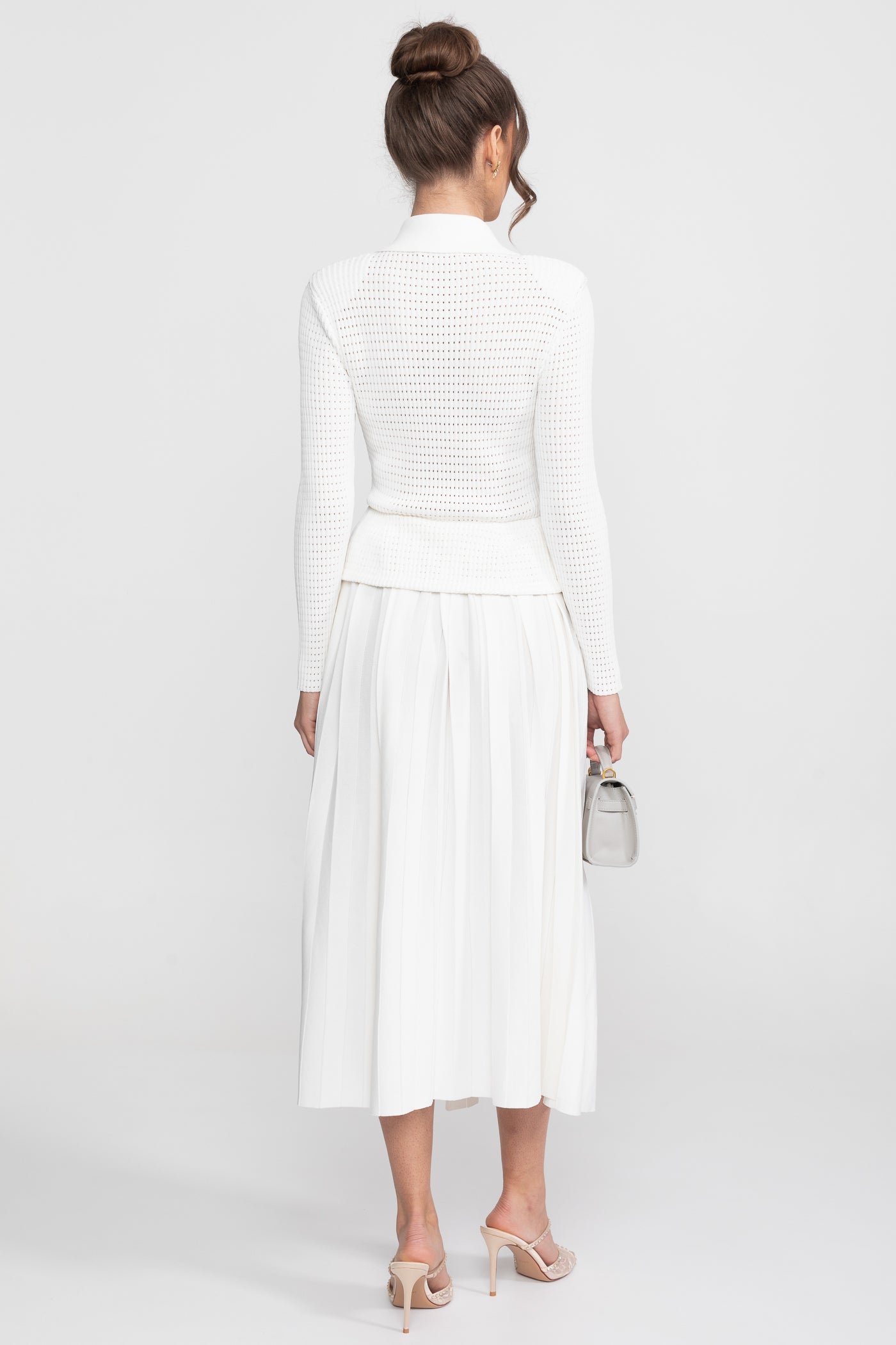 Open-Knit Dress with Pleated Midi Skirt - White