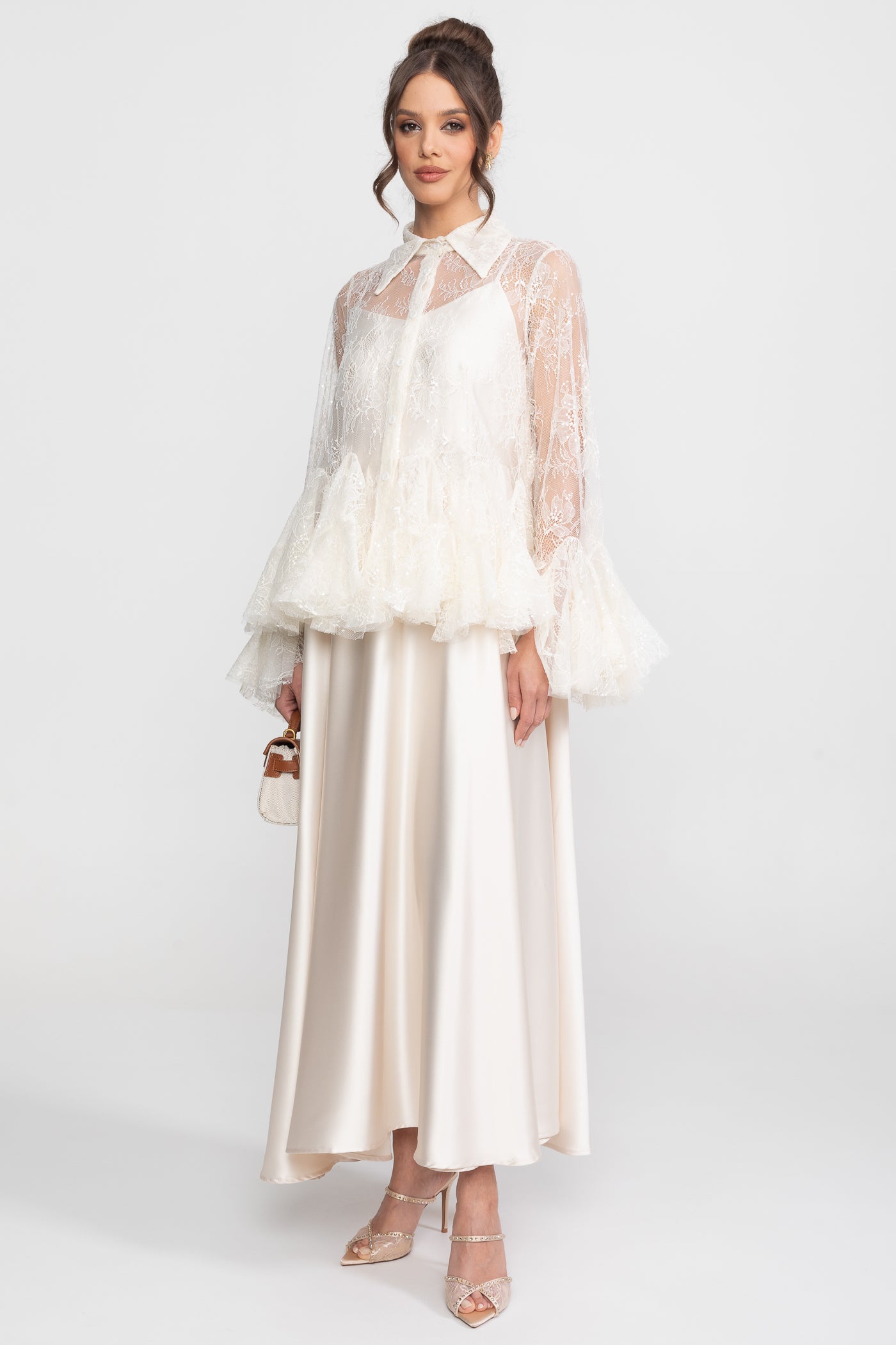 Sheer Lace Peplum Blouse With Ruffle Hem And Satin Maxi Skirt - Ivoire