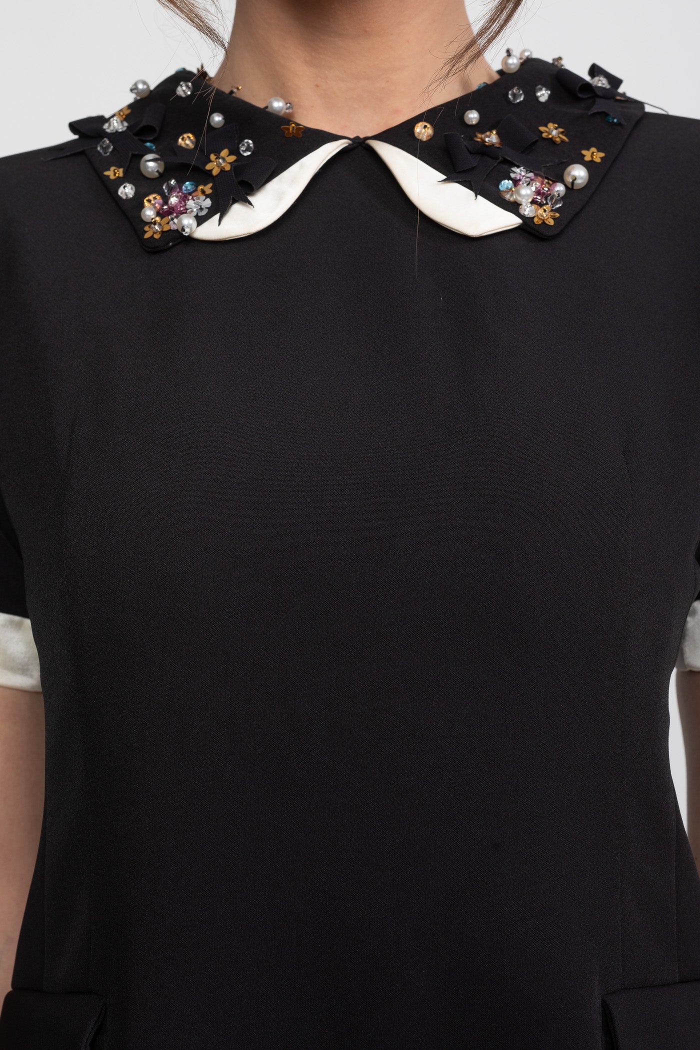 Mini Dress With Crystal-Embellished Peter Pan Collar And Jewel Cuffs - Black