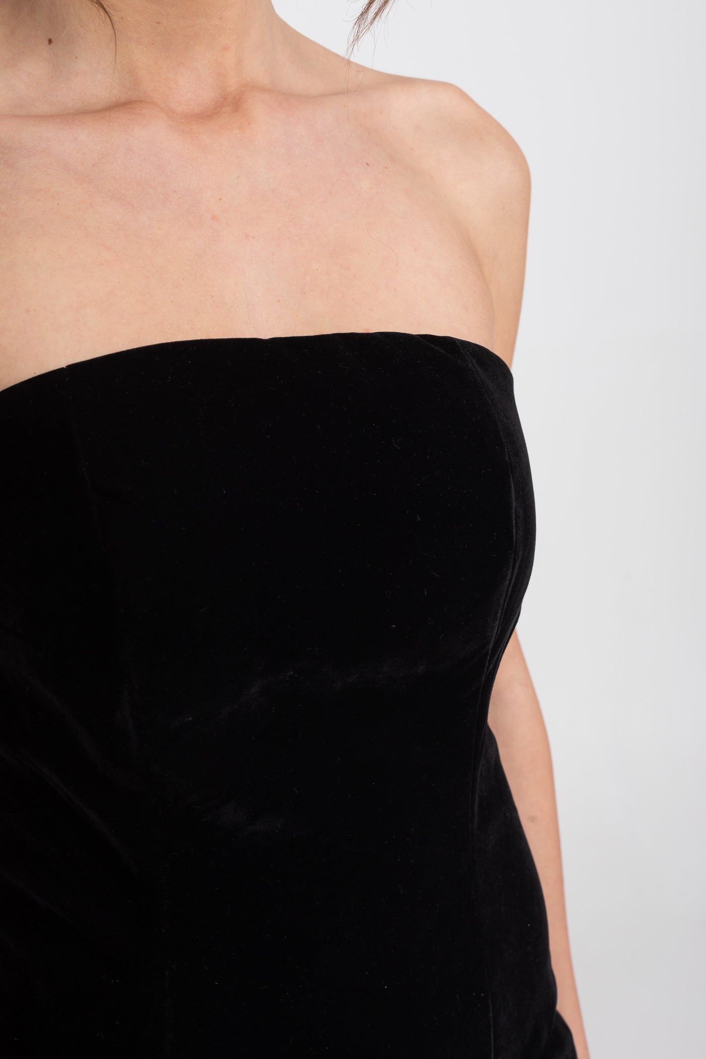 Strapless Velvet Mini Dress With Contrast Pleated Skirt - Black