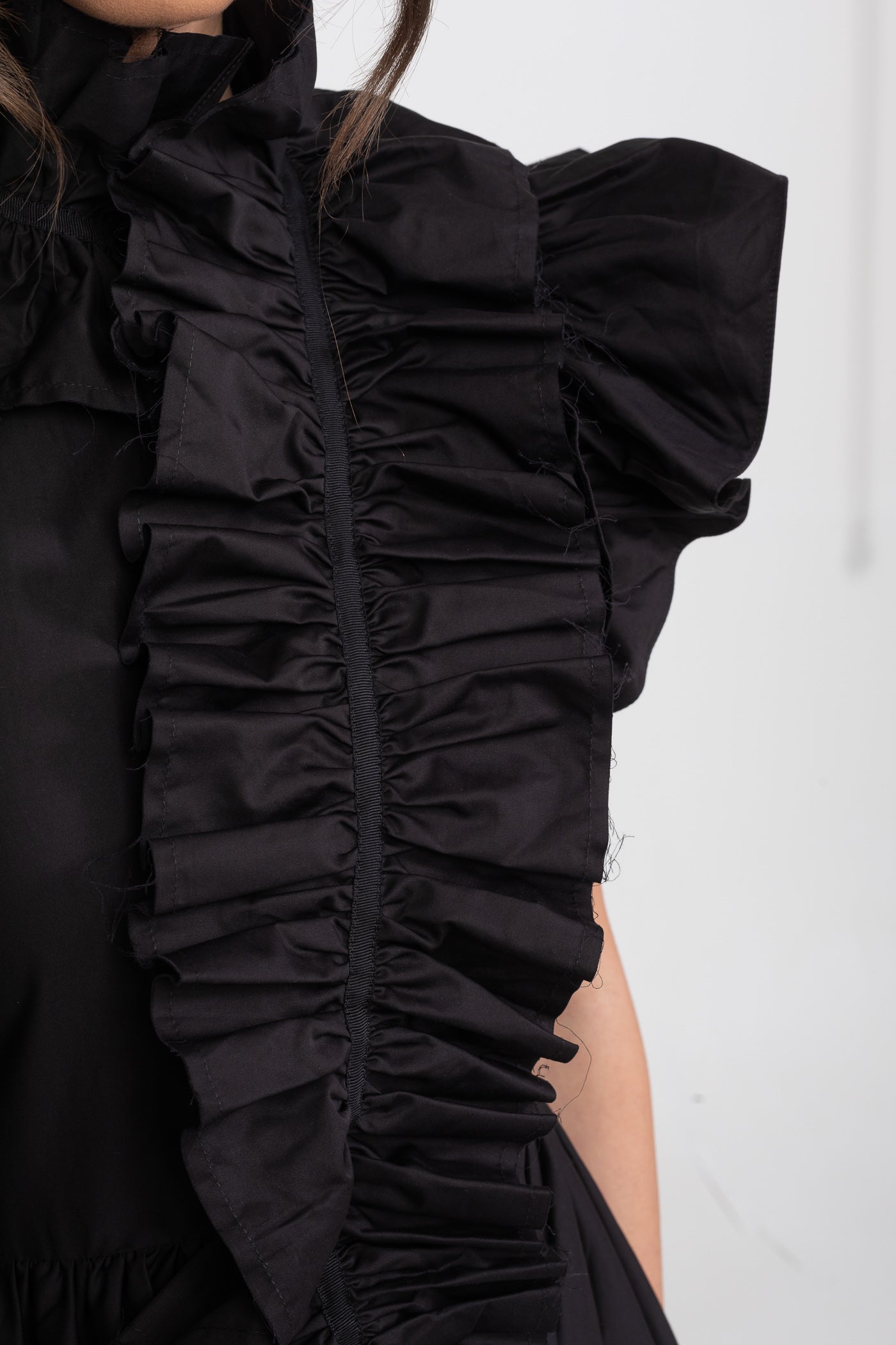 High-Neck Maxi Dress With Dramatic Ruffle Bib Front - Black