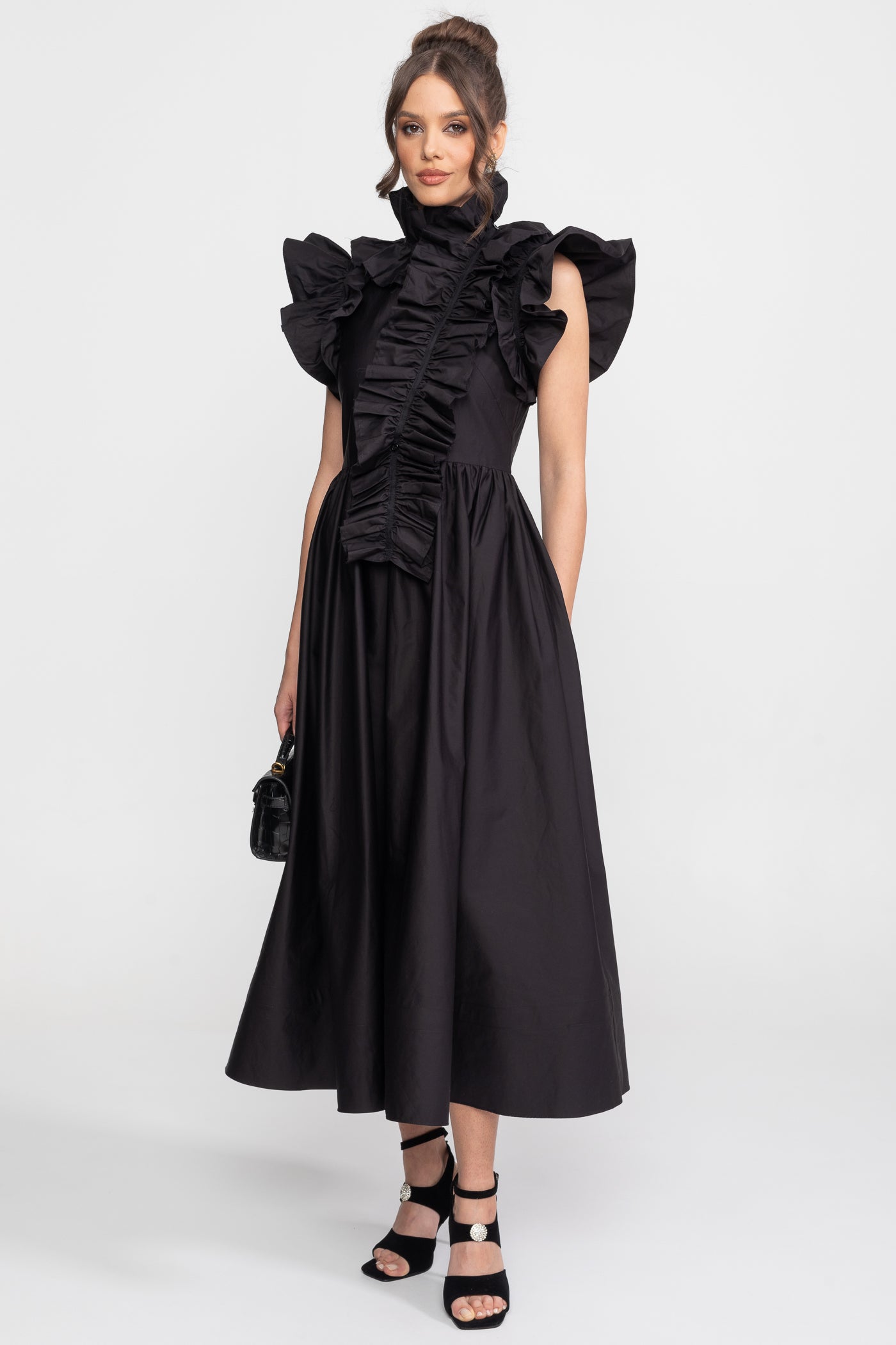 High-Neck Maxi Dress With Dramatic Ruffle Bib Front - Black