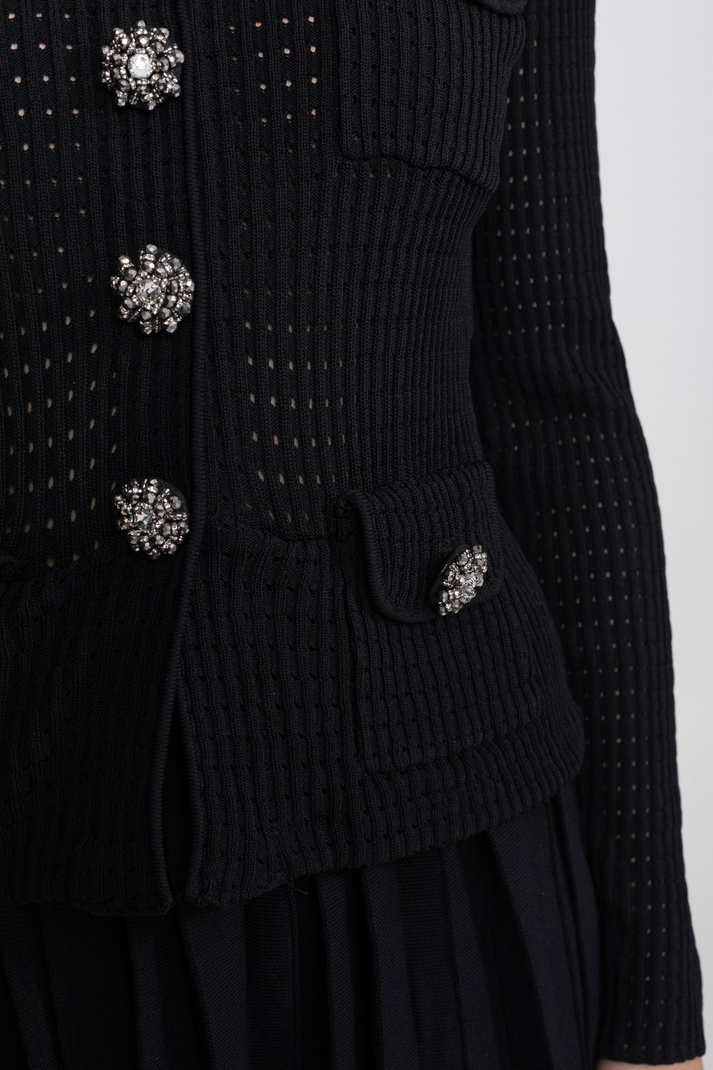 Open-Knit Dress with Pleated Midi Skirt - Black