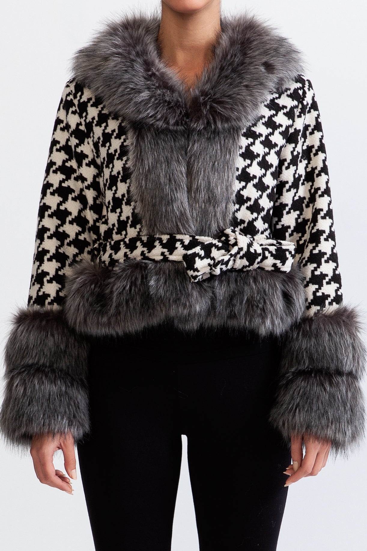 معطف صوف بنمط Houndstooth مزود بحزام وفراء