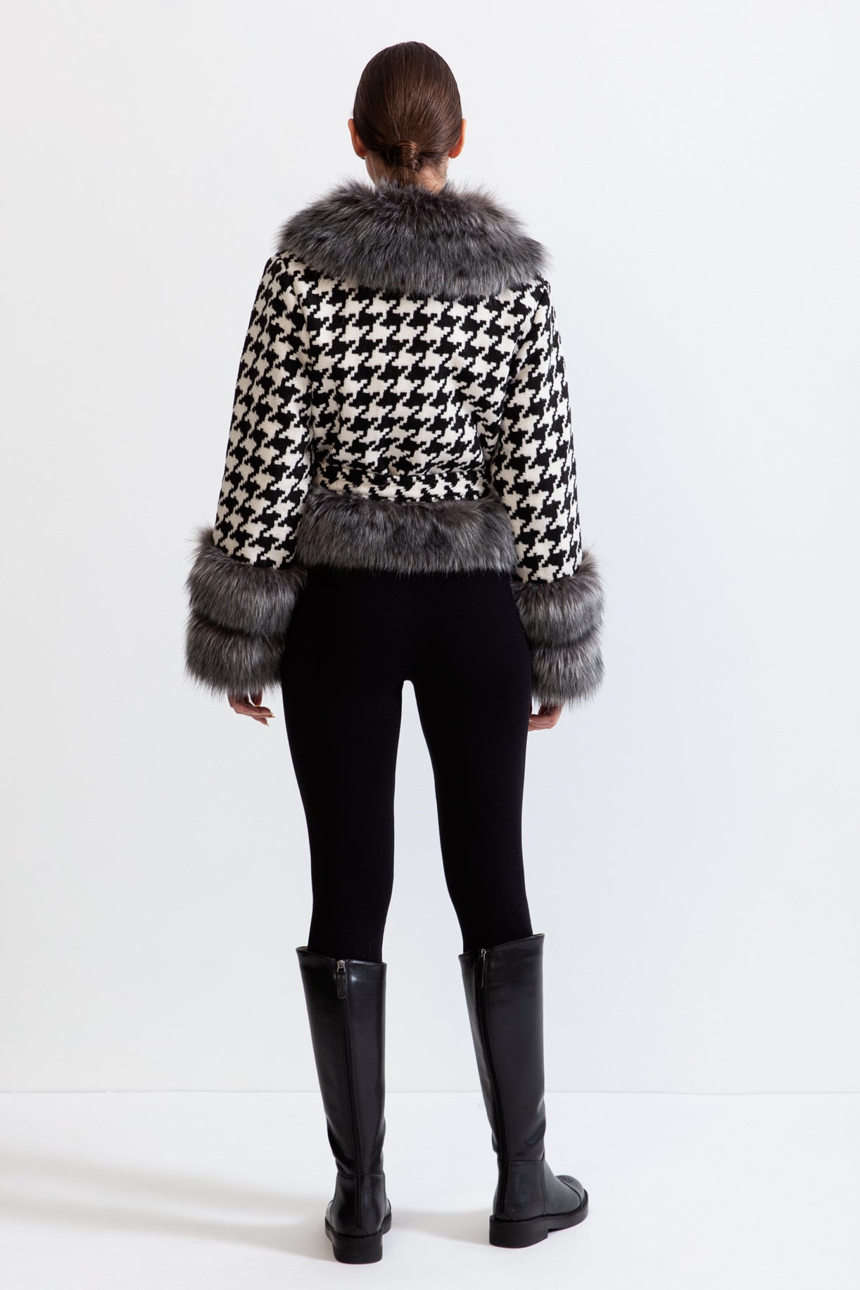 معطف صوف بنمط Houndstooth مزود بحزام وفراء