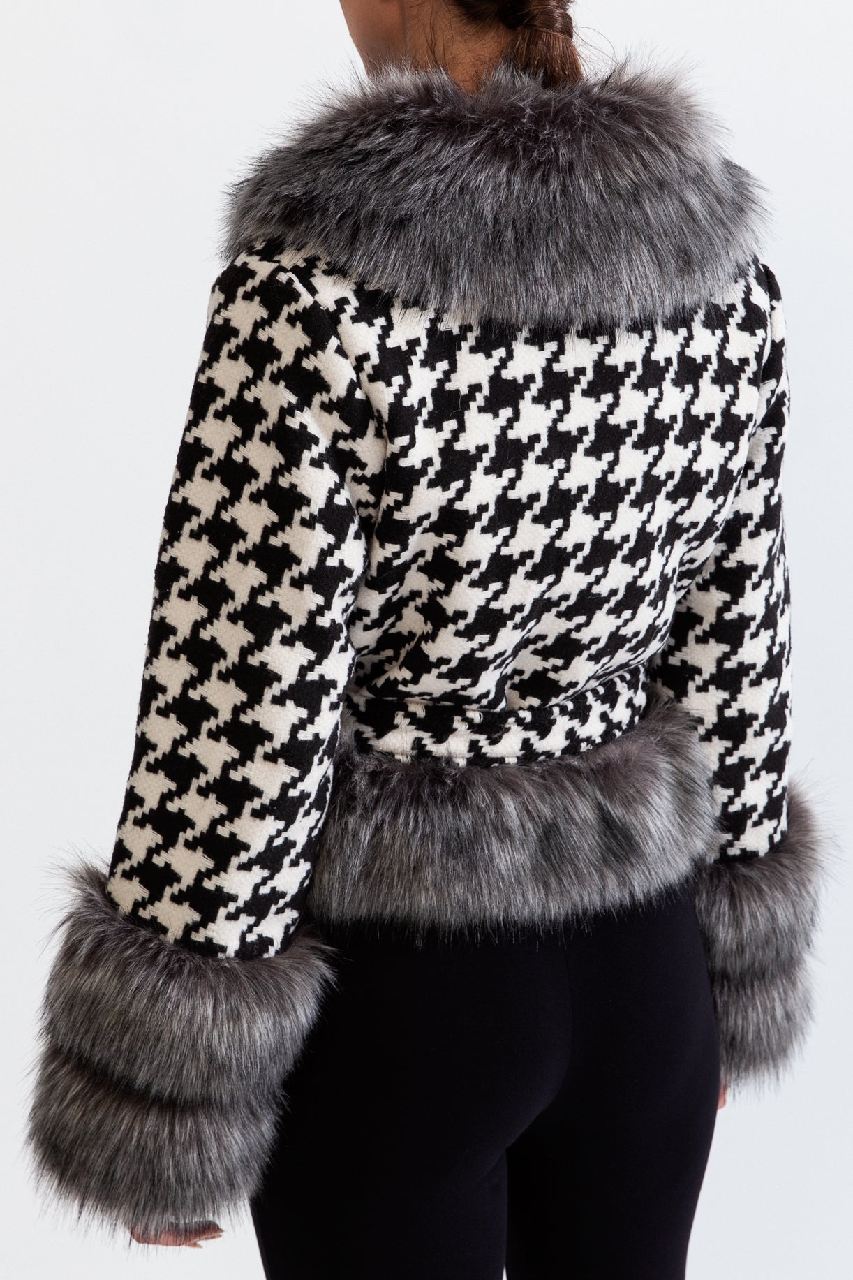 معطف صوف بنمط Houndstooth مزود بحزام وفراء