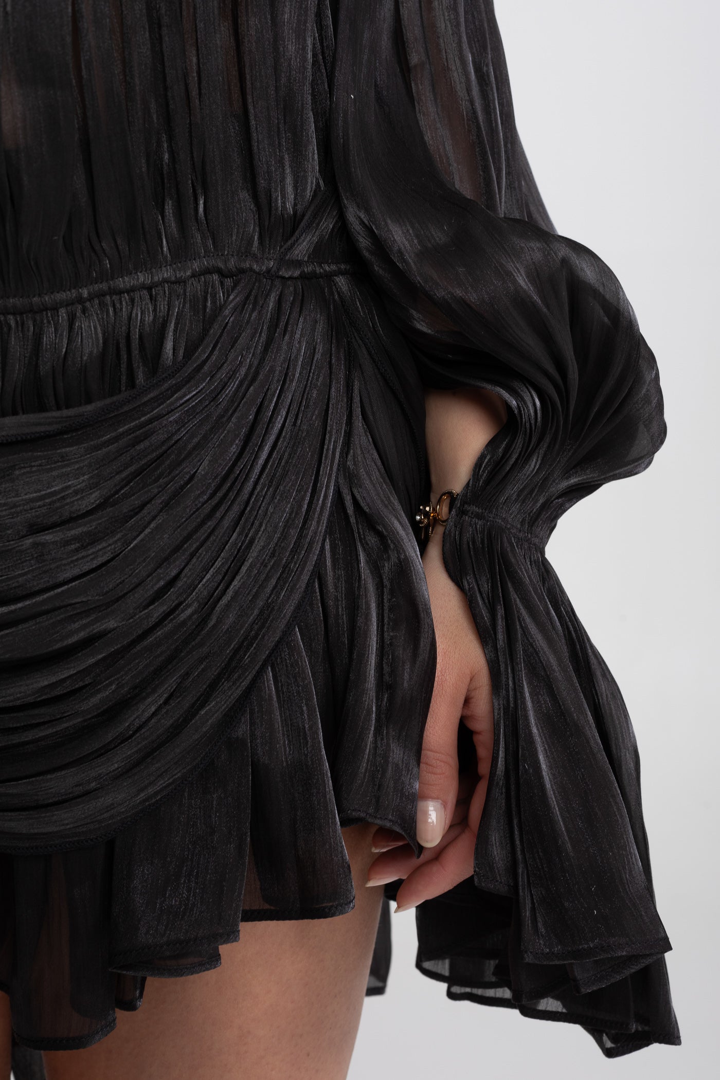 Sheer Draped Mini Dress With Cape Sleeves And Gold Clip Detail - Black