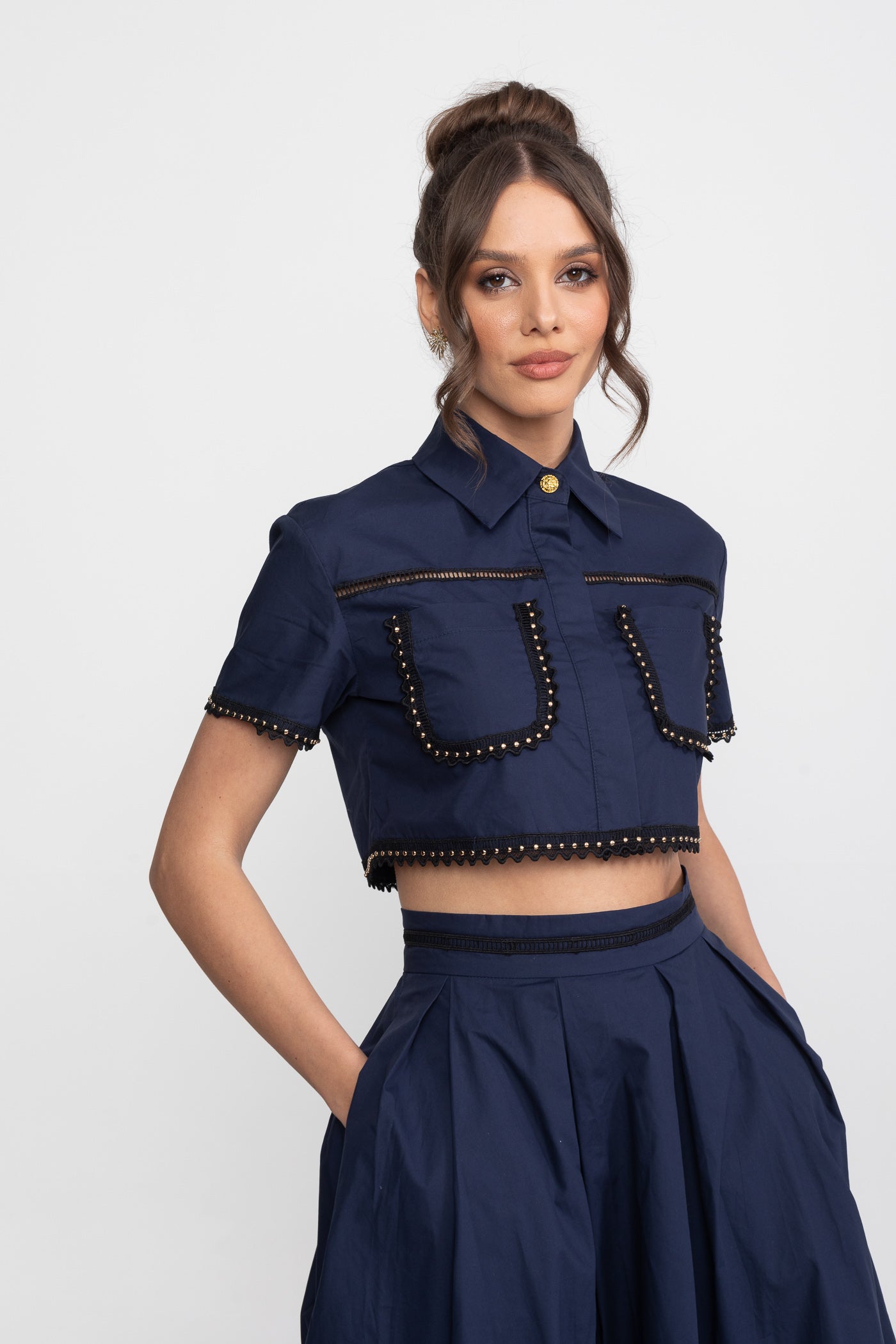 Broderie-Trim Cropped Shirt And Midi Skirt Co-Ord Set - Navy