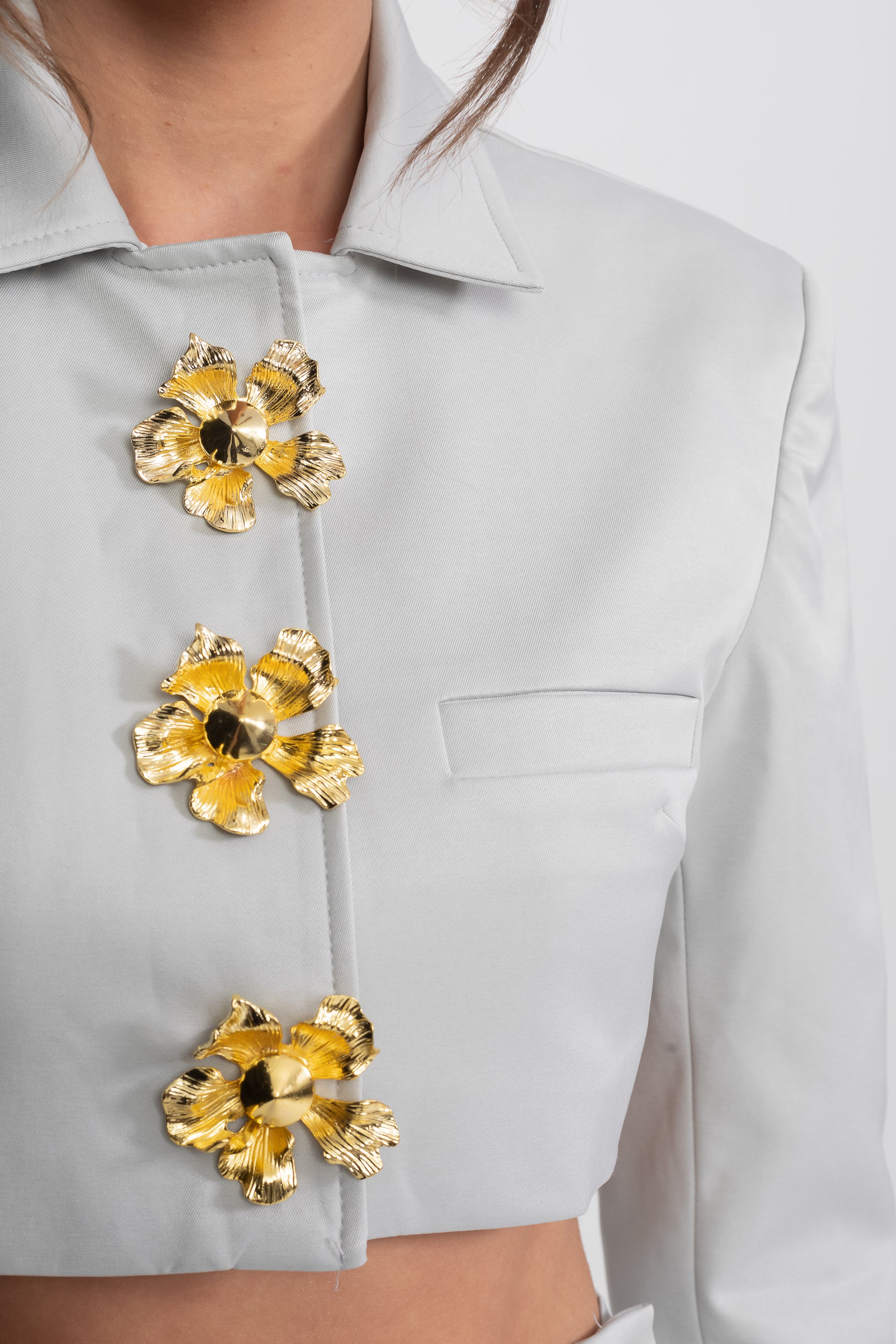 Cropped Jacket And Mini Skirt Co-Ord Set With 3D Floral Buttons - Light Gray