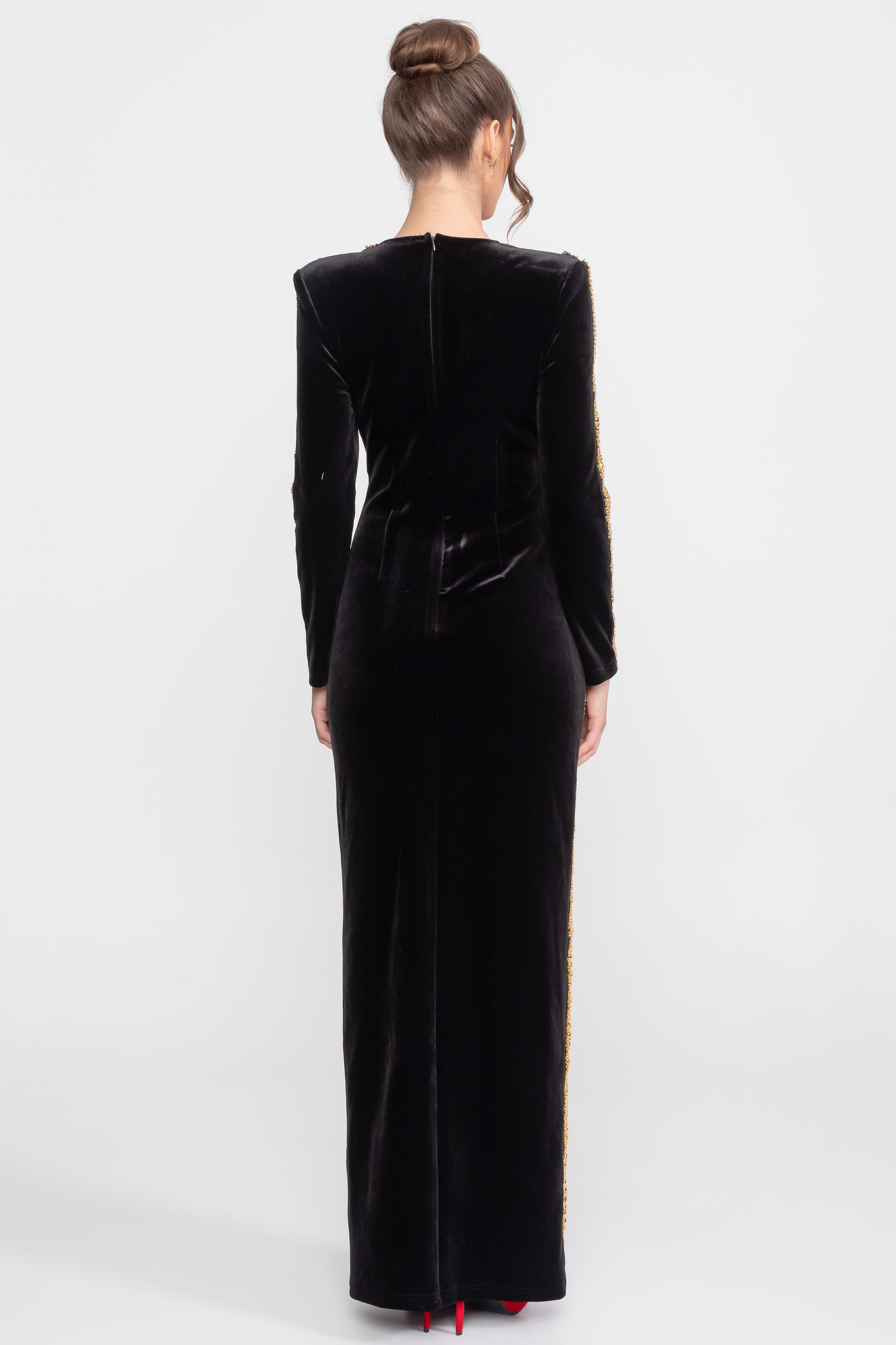 Velvet Maxi Dress With Gold Sequin Trim And Crystal Brooch Detail - Black