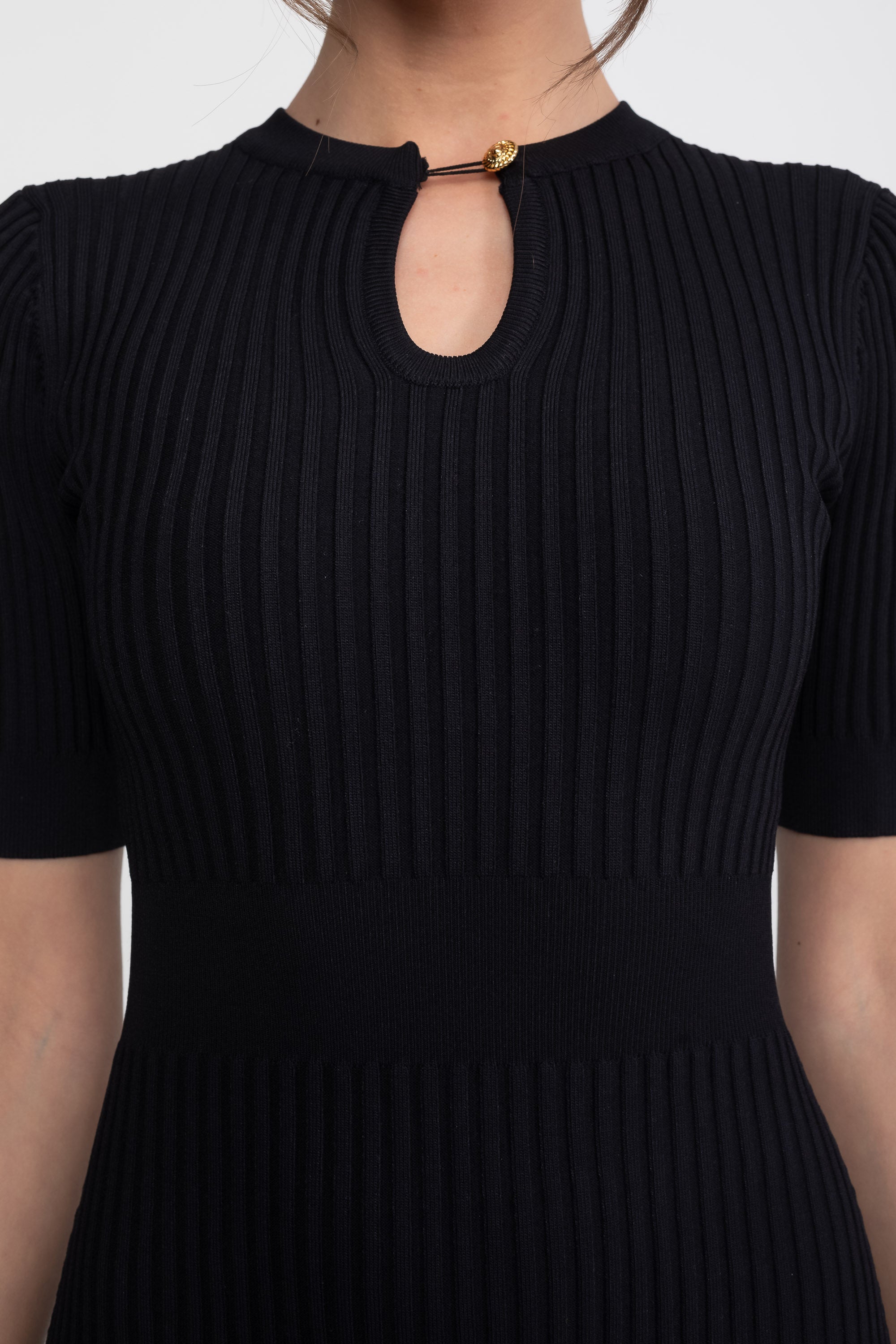 Ribbed Knit Mini Dress With Gold Button Keyhole Neckline - Black