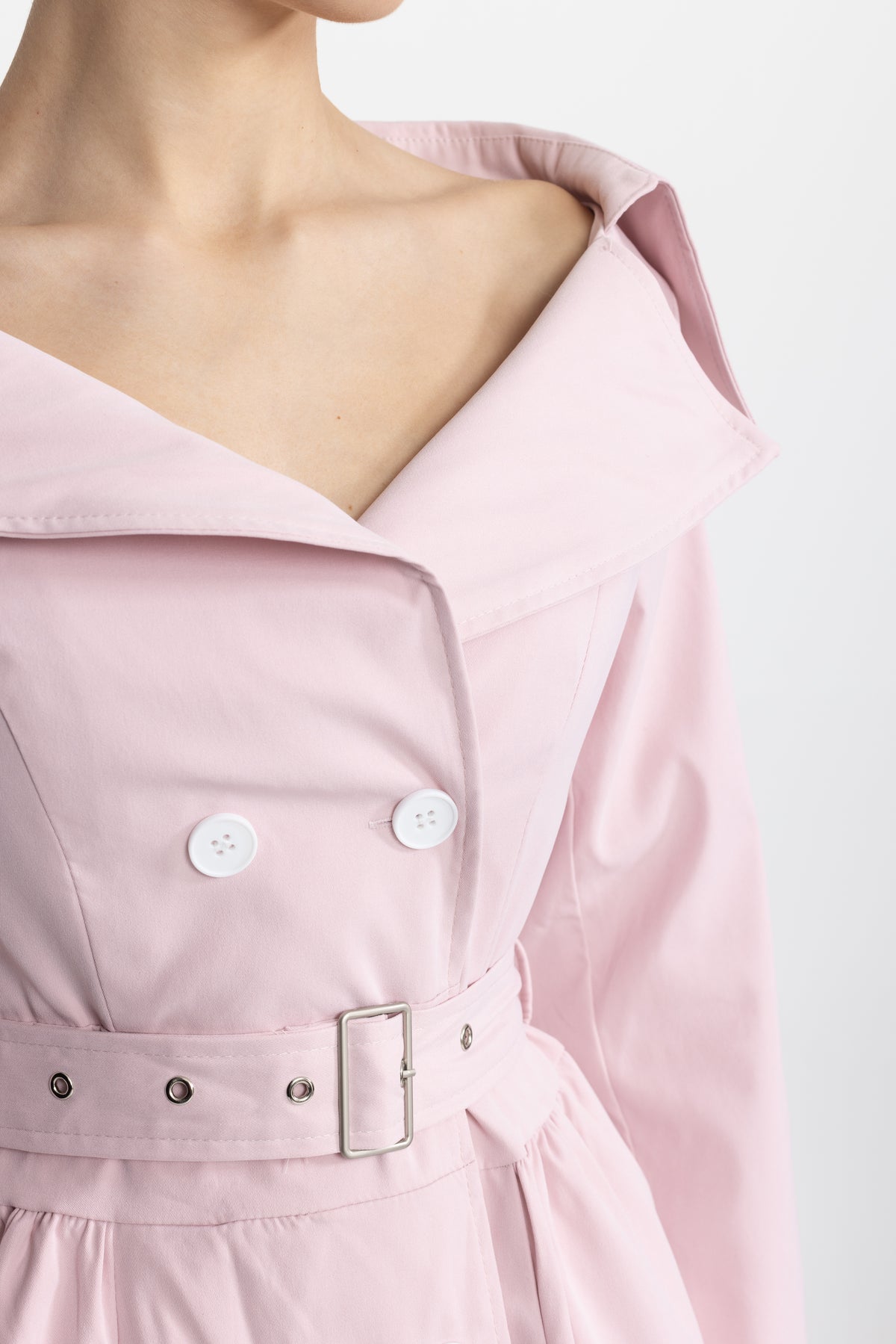 Off-Shoulder Collar Belted Trench Dress - Pink