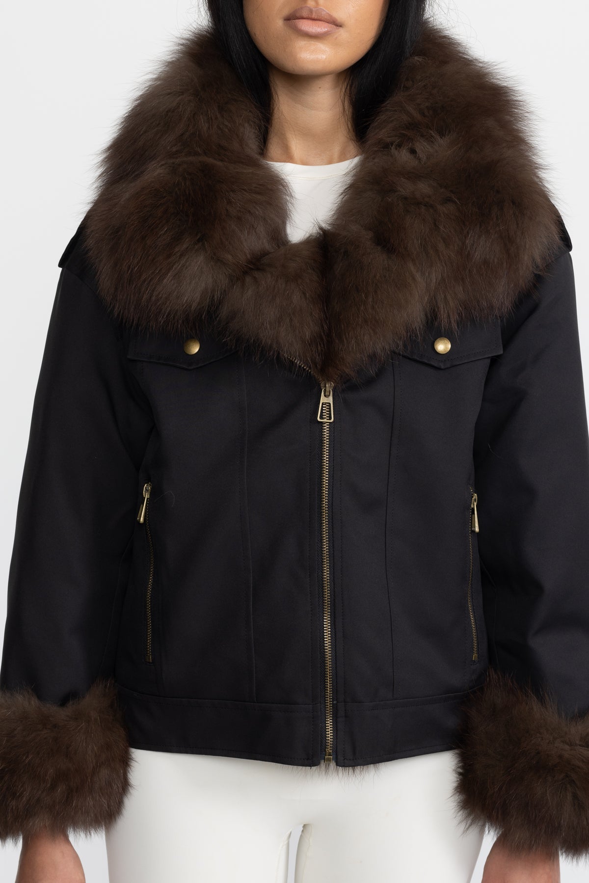 Fox Fur Collar and Cuff Down Utility Jacket - Black