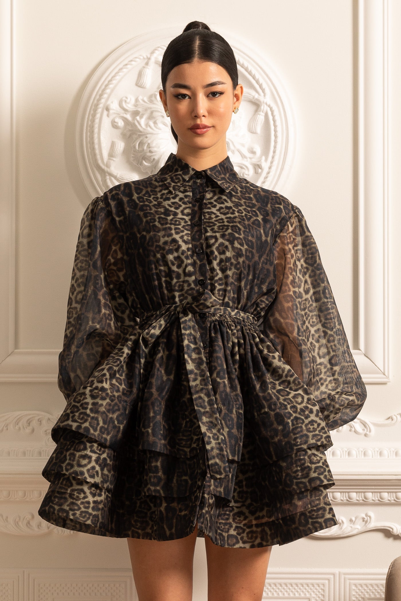 Leopard Pattern Long Sleeved Dress With Layered Skirt - Black