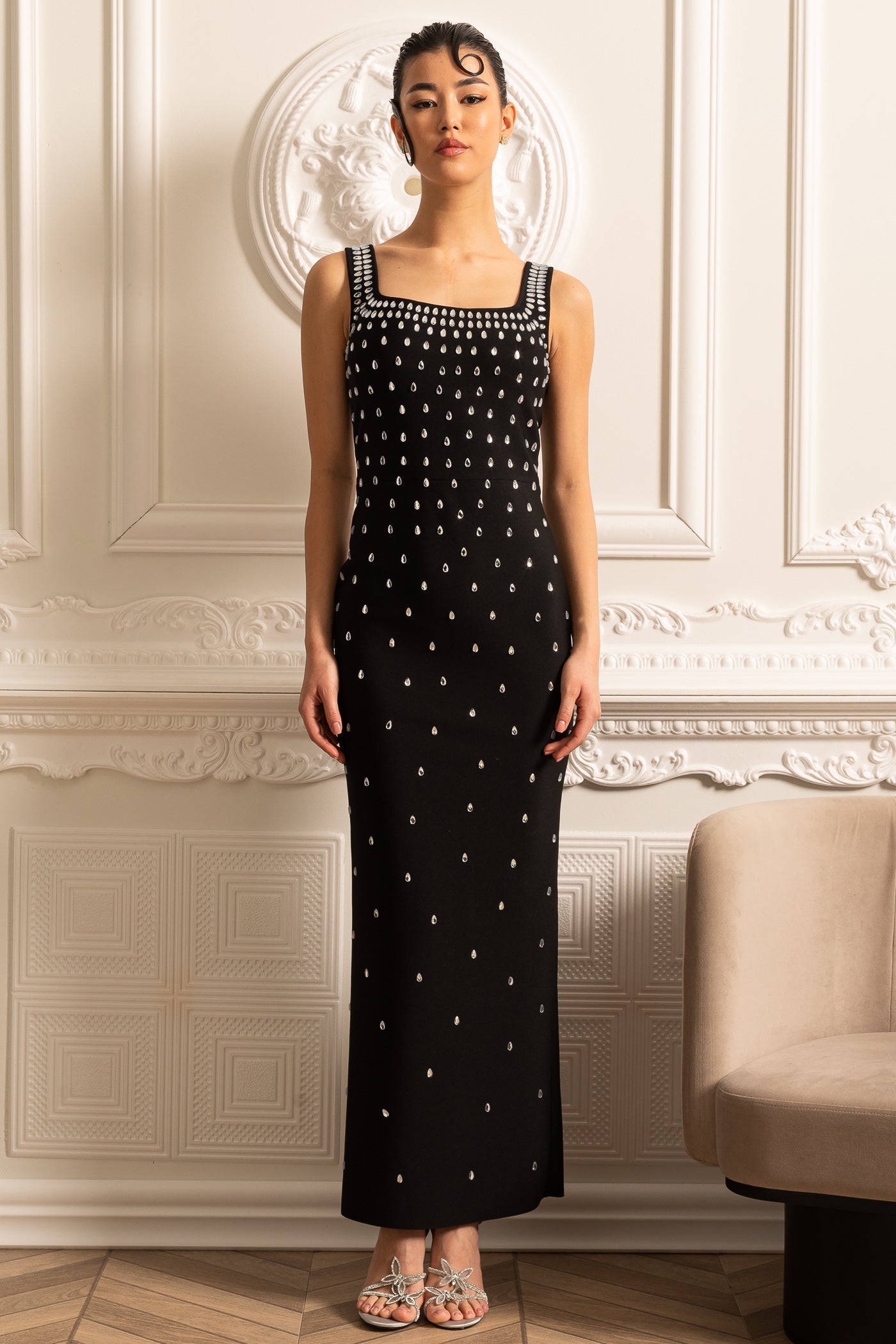 Fitted Dress With Delicate Crystal Embellishments - Black