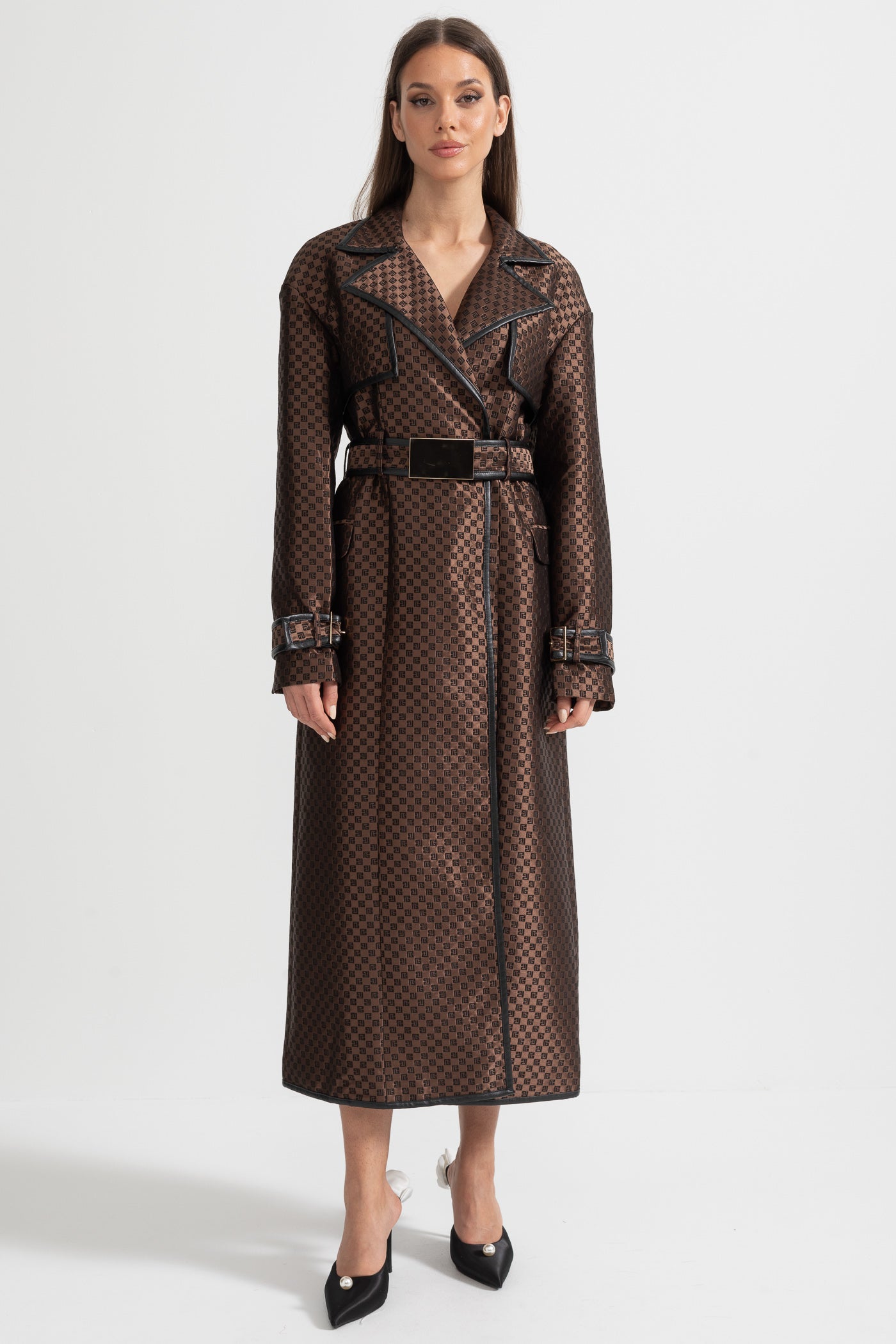 Jacquard Trench Coat With Gold Buckle Waist Belt - Brown