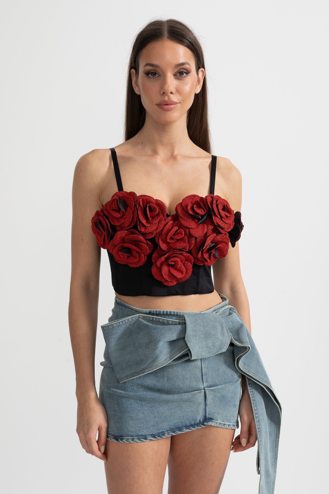 Corset Top with Red 3D Rose Appliqués - Black