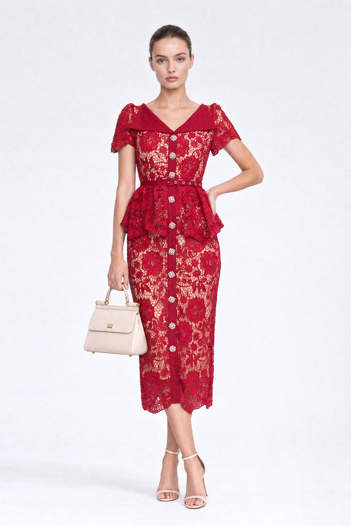 Crystal-Button Lace Peplum Midi Dress - Red