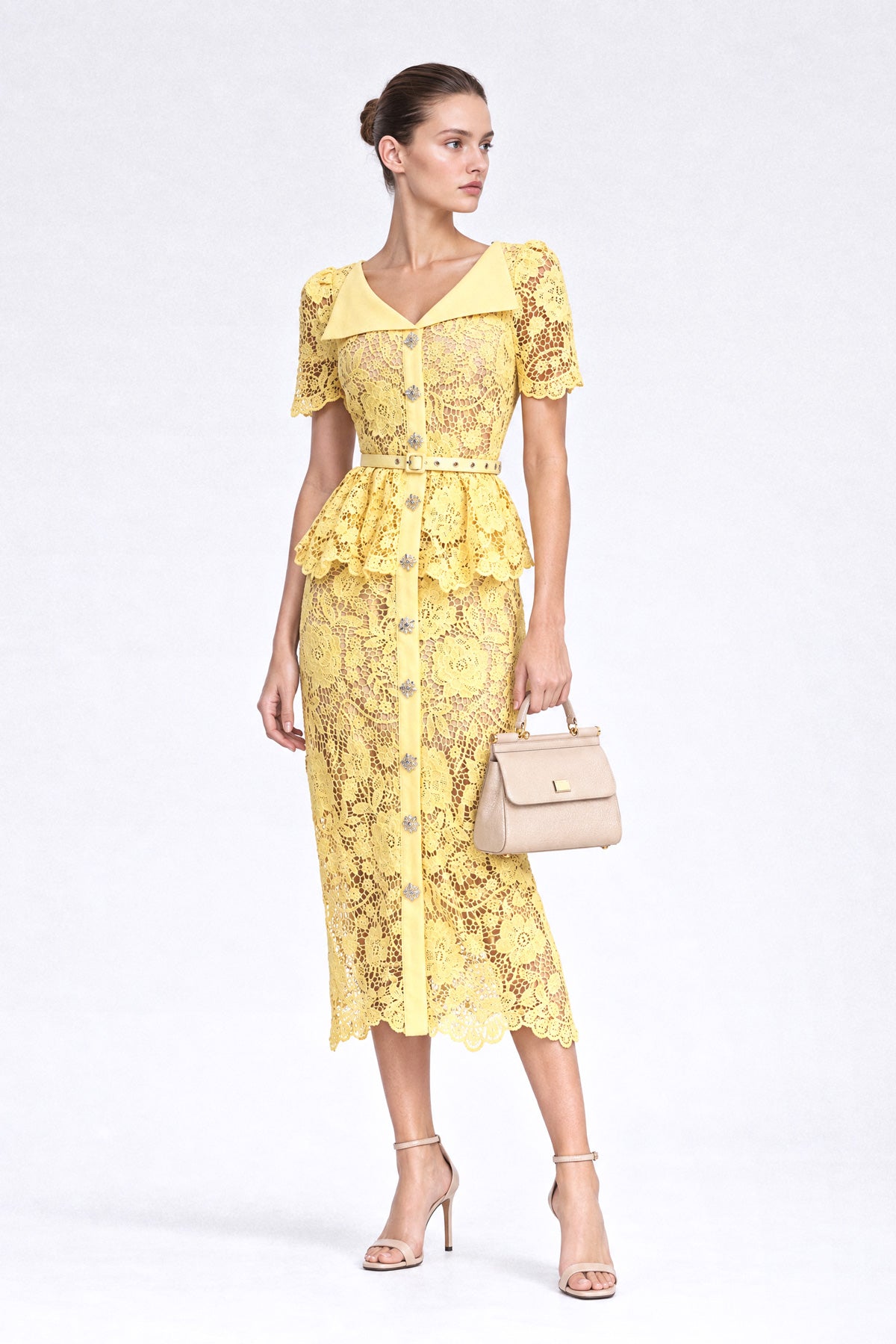 Crystal-Button Lace Peplum Midi Dress - Yellow