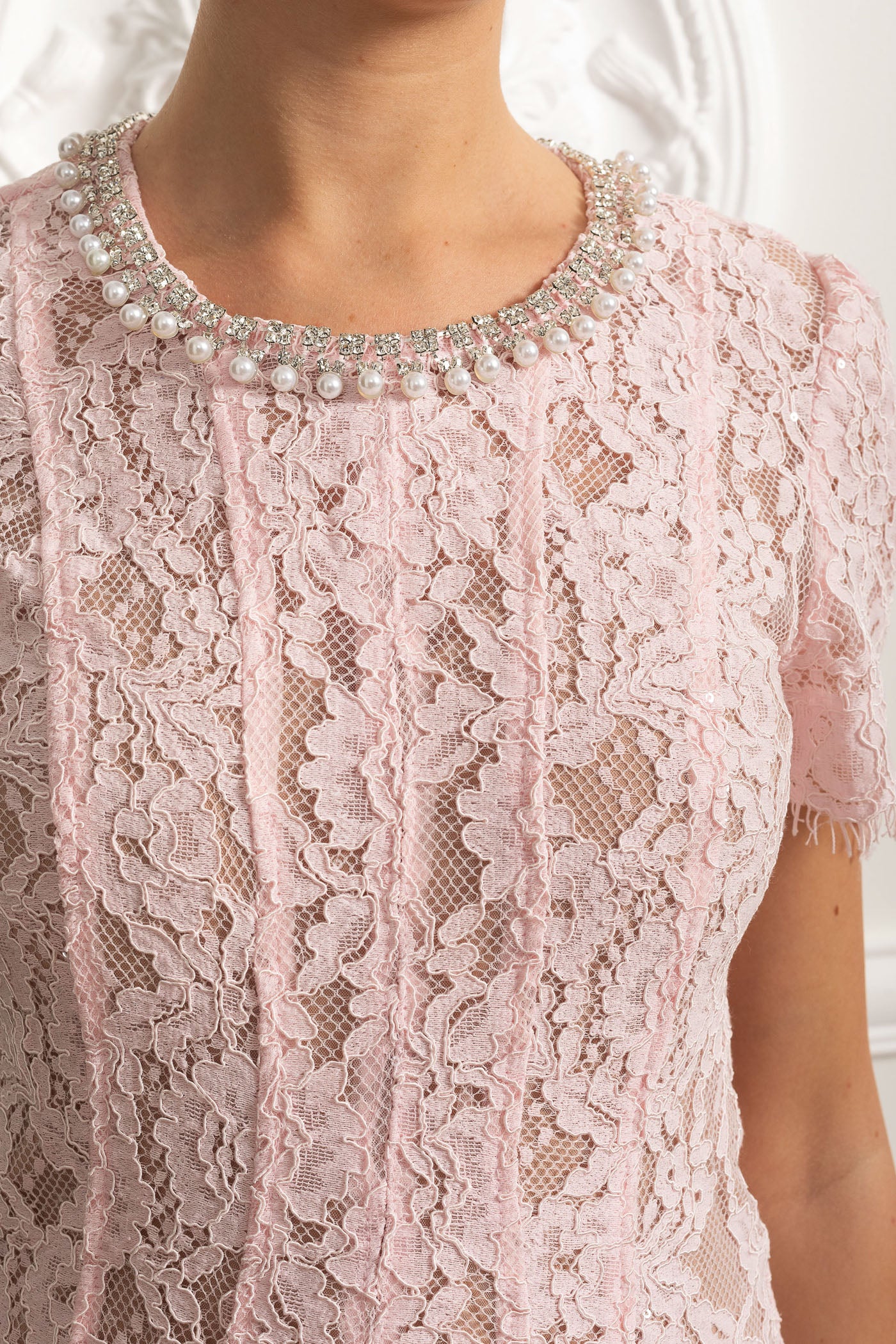 Lace Midi Dress with Crystal Embellished Collar - Pink