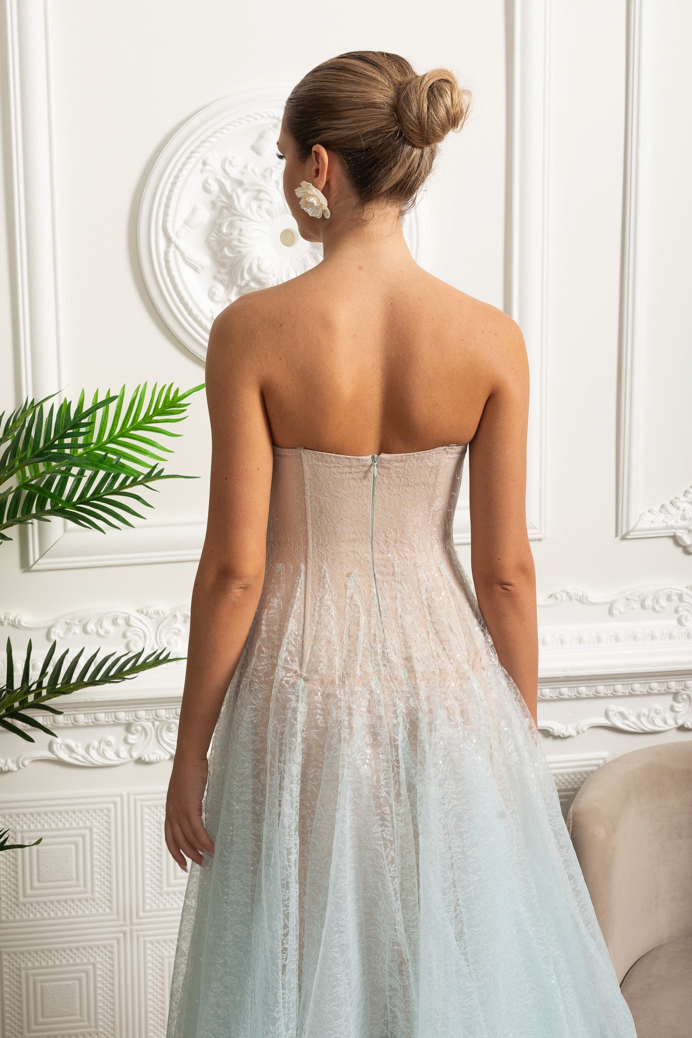 Strapless A-Line Midi Dress With Shimmery Textured Overlay - Turquoise Gradient