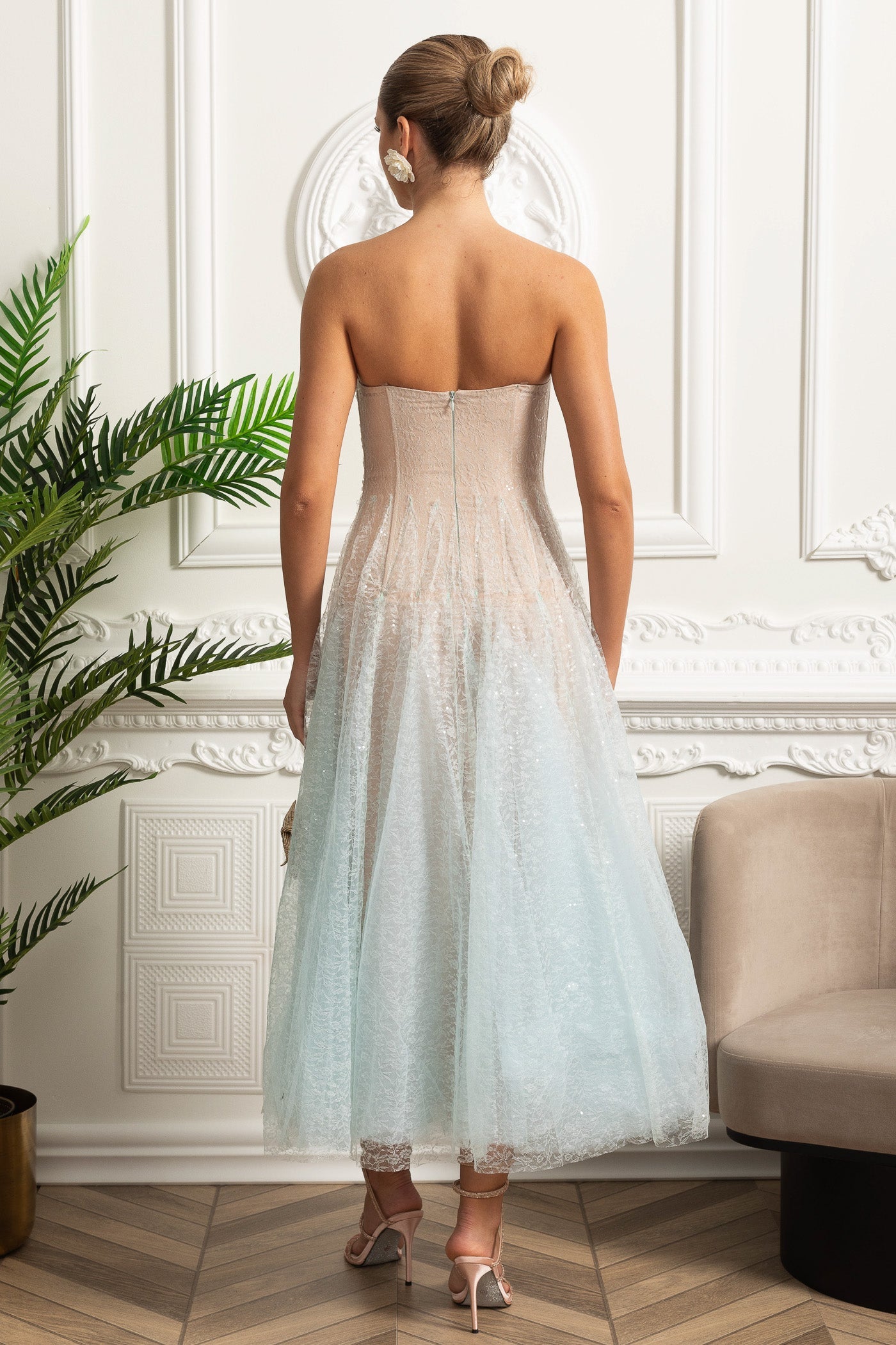 Strapless A-Line Midi Dress With Shimmery Textured Overlay - Turquoise Gradient