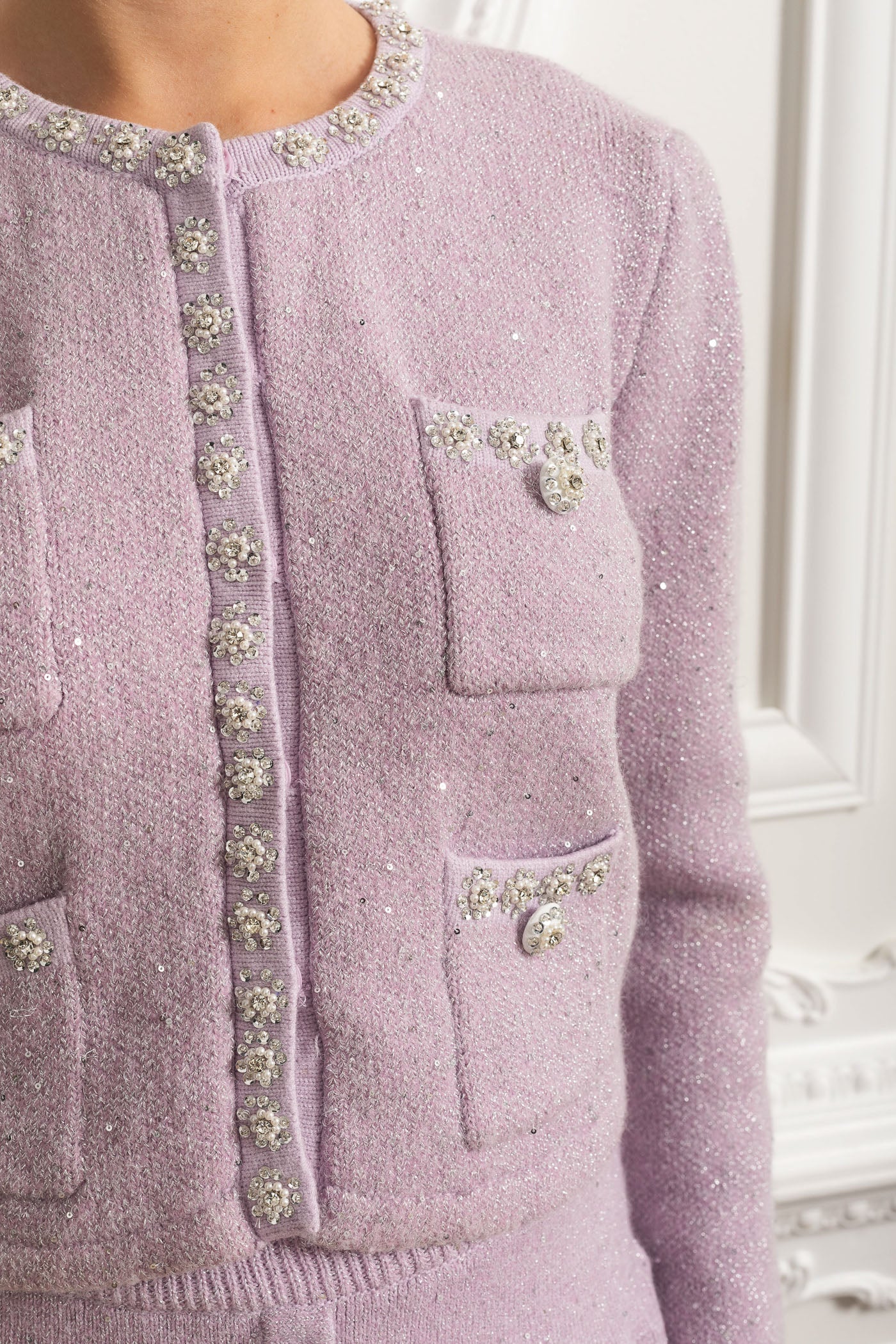 طقم كارديغان محاك مزين وتنورة ميني مطوية - اللون الليلكي