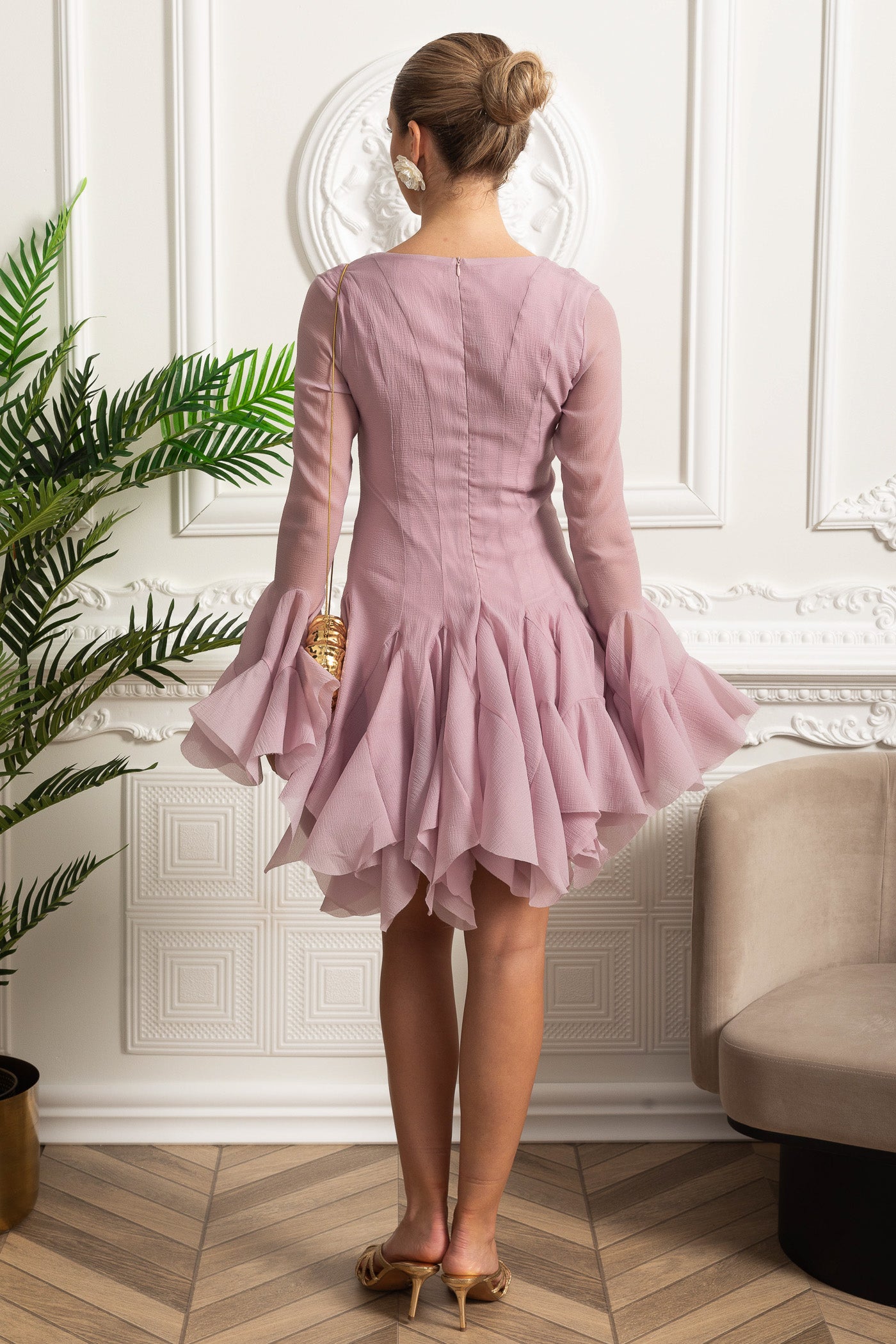 Sheer Sleeve Corset-Waist Ruffle Hem Mini Dress - Pink