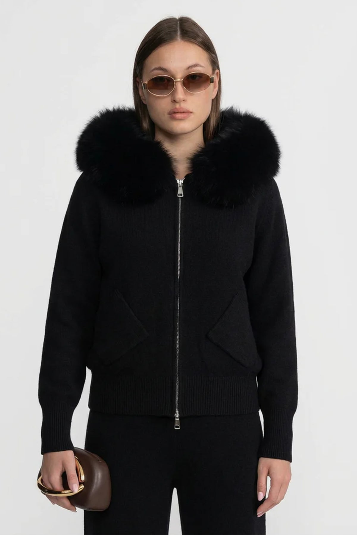 Zip-Up Wool Hoodie With Fox Fur Collar – Black