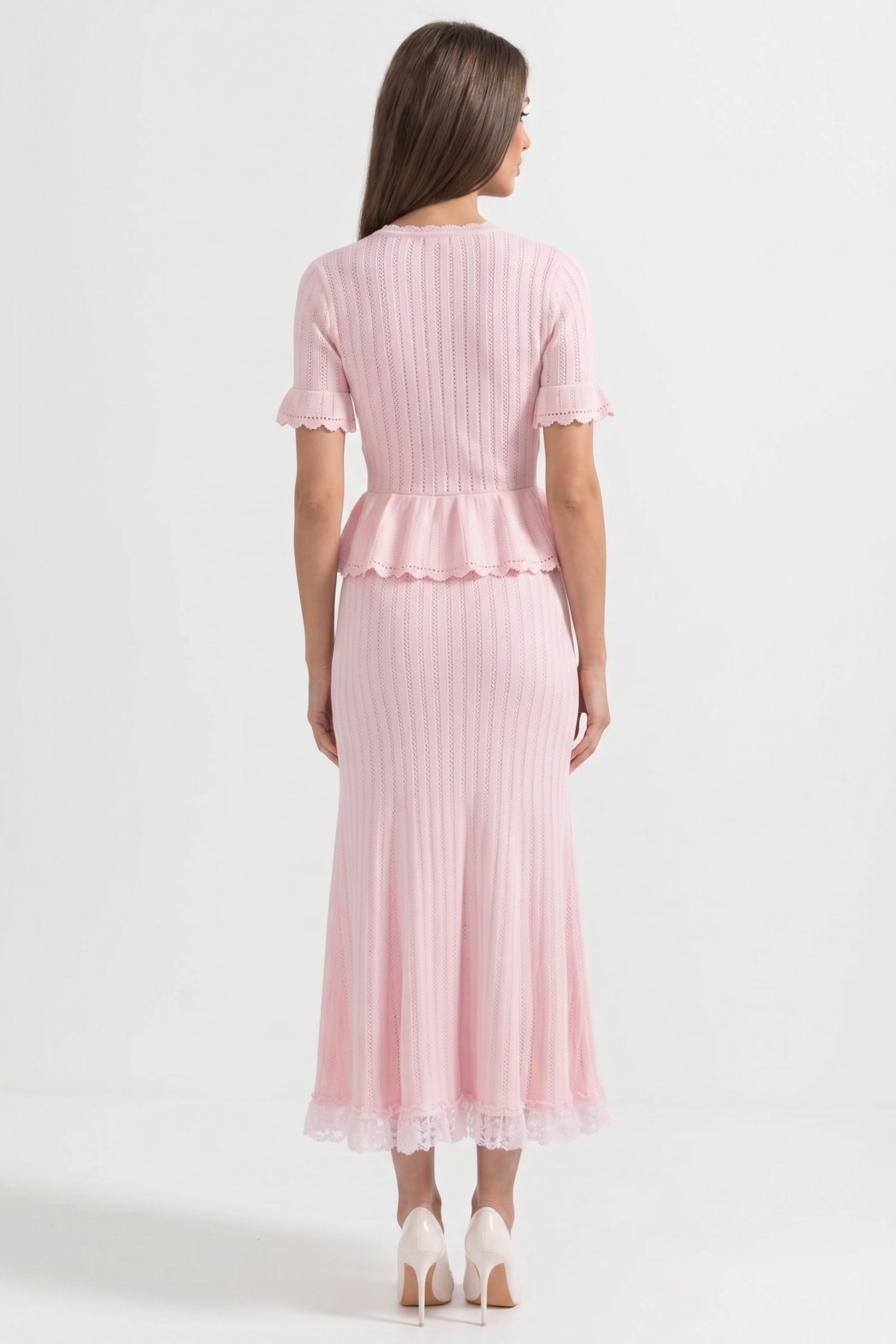 فستان ماكسي محبوك بتصميم Peplum وياقة Peter-Pan وحافة دانتيل - Pink