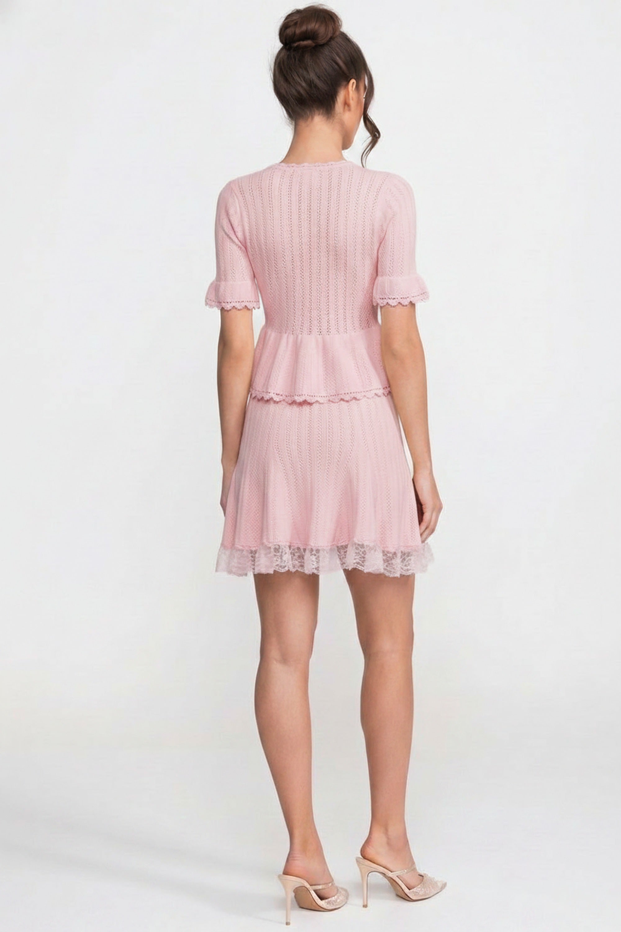 فستان ميني محاك بتصميم Peplum وياقة Peter-Pan مع حاشية دانتيل - Pink
