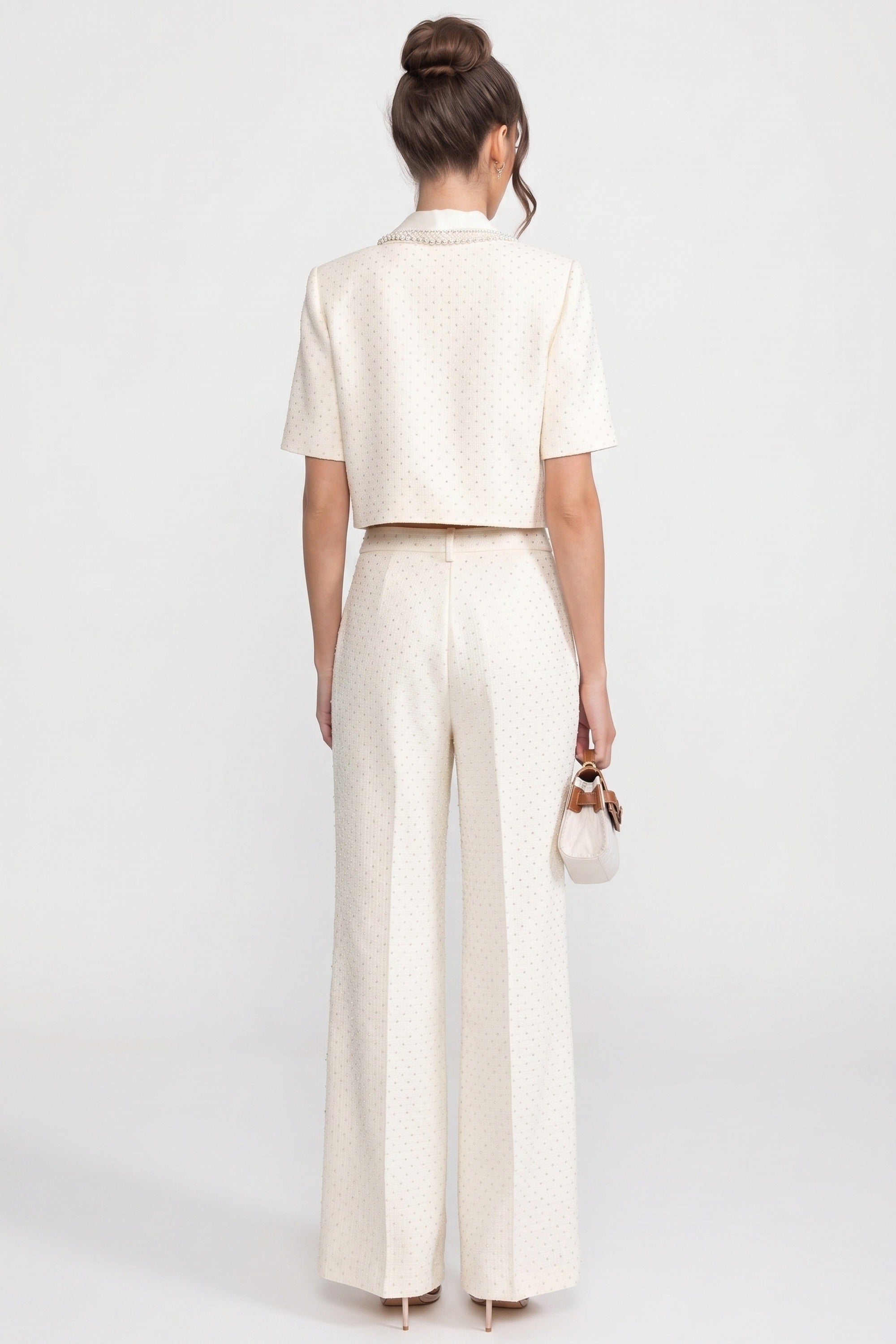 Wide-Leg Embellished Tweed Trousers With Patch Pockets - Ivoire