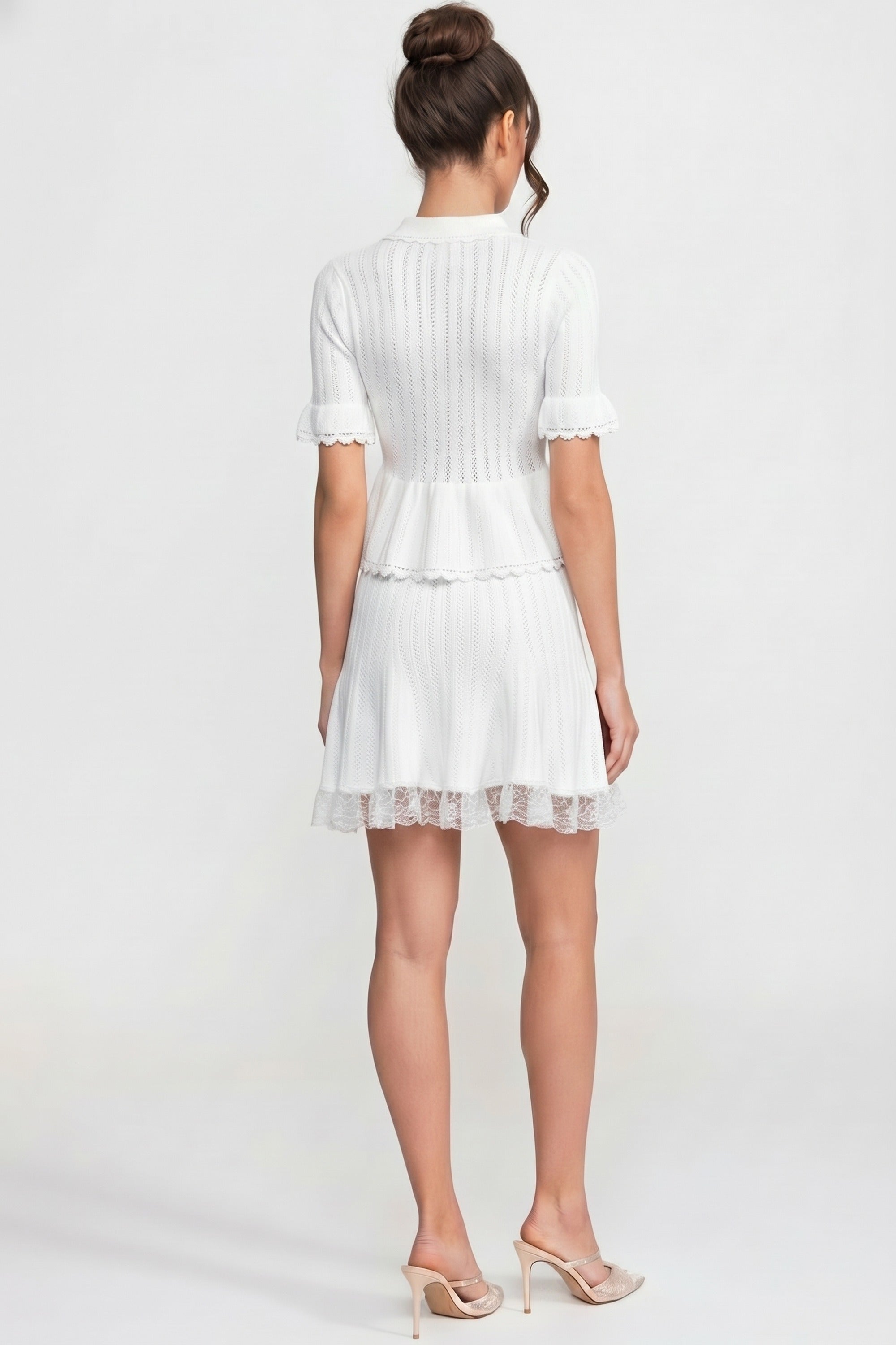 Peter-Pan Collar Knit Peplum Co-Ord set With Lace Hem - White
