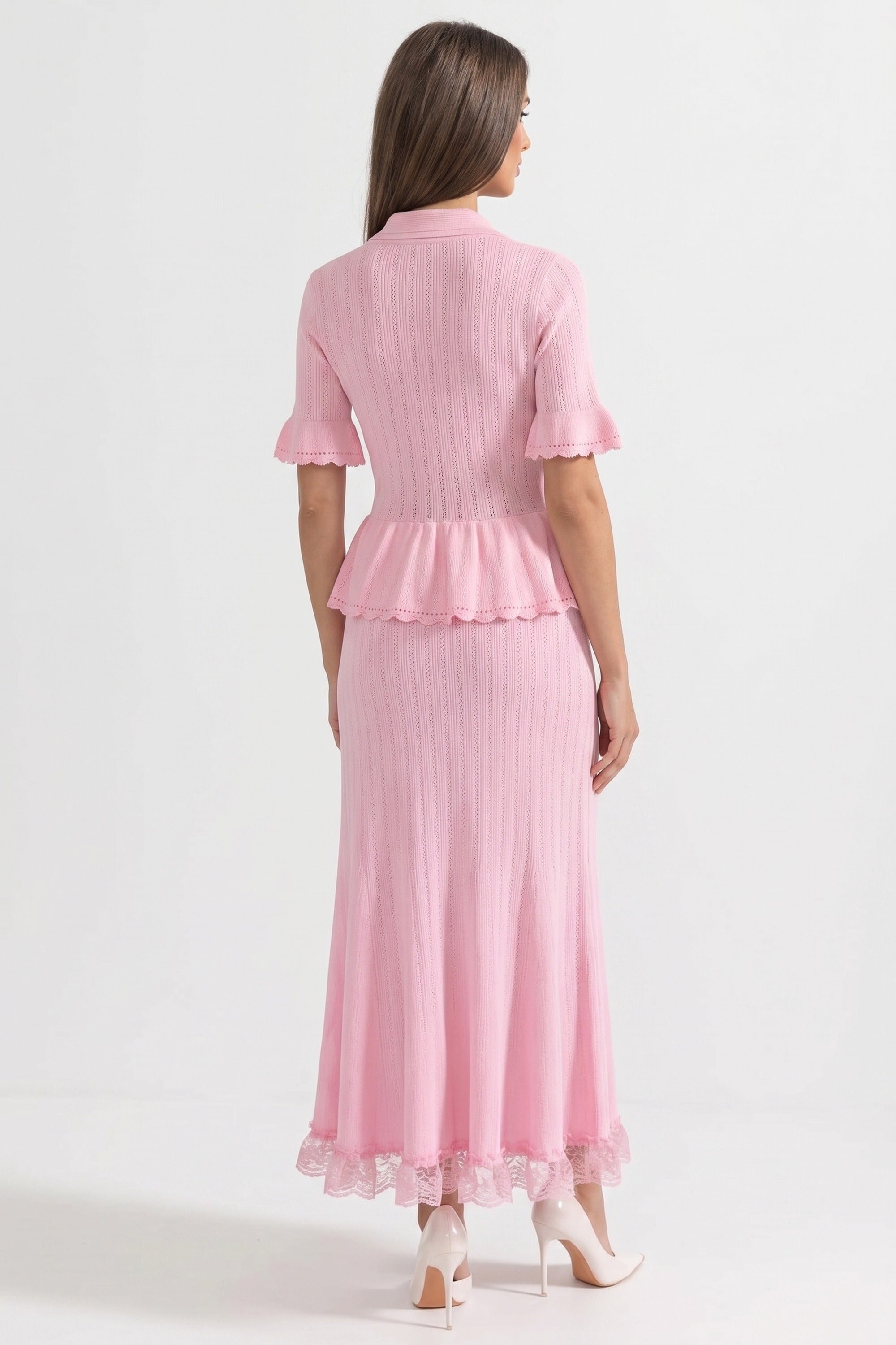 فستان ماكسي محبوك بتصميم Peplum وياقة Peter-Pan وحافة دانتيل - Pink