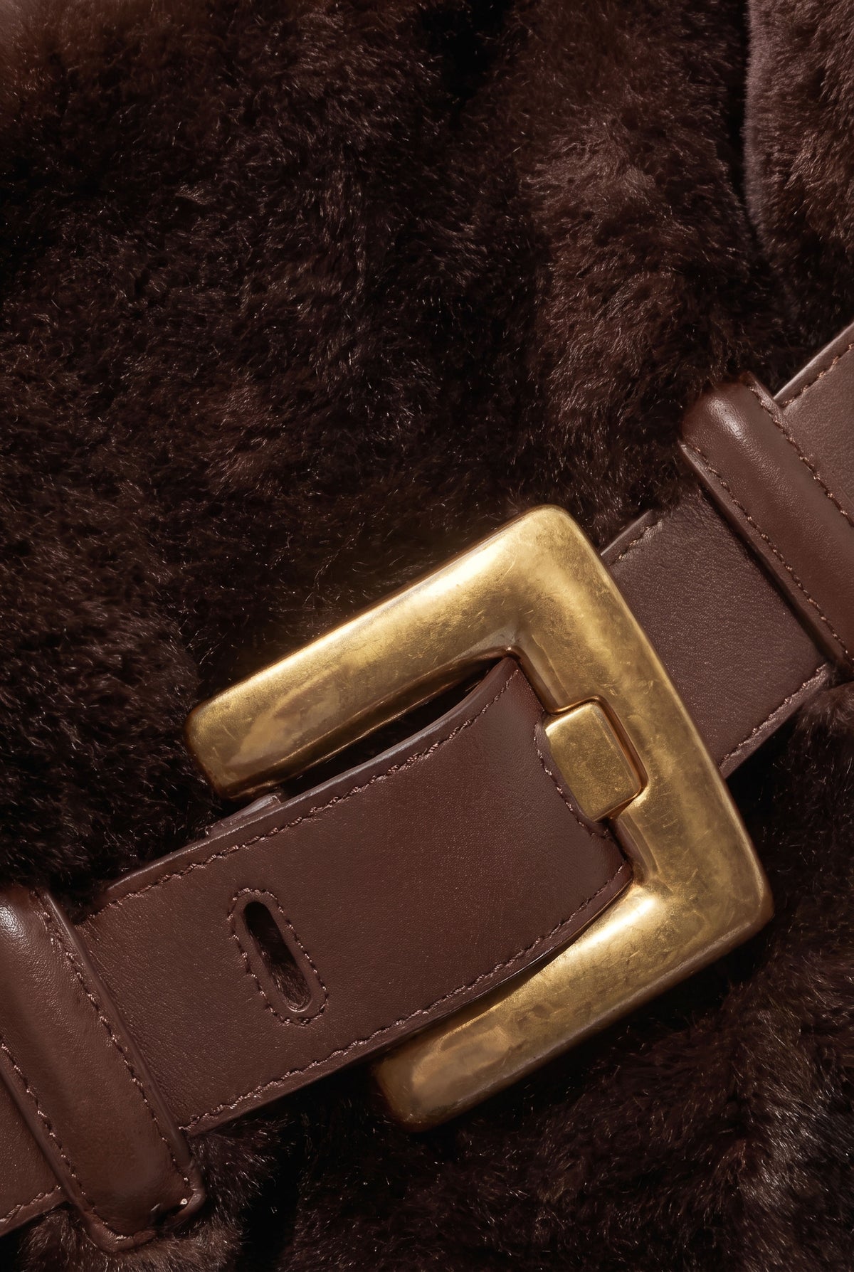 Faux Fur Handbag with Belt Buckle Detail – Brown